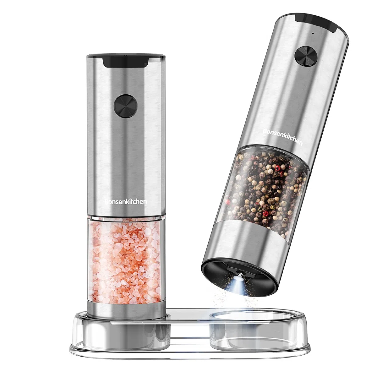 Bonsenkitchen Molinillo eléctrico de sal y pimienta, agitador de acero inoxidable con luces y grosor ajustable, funciona con pilas