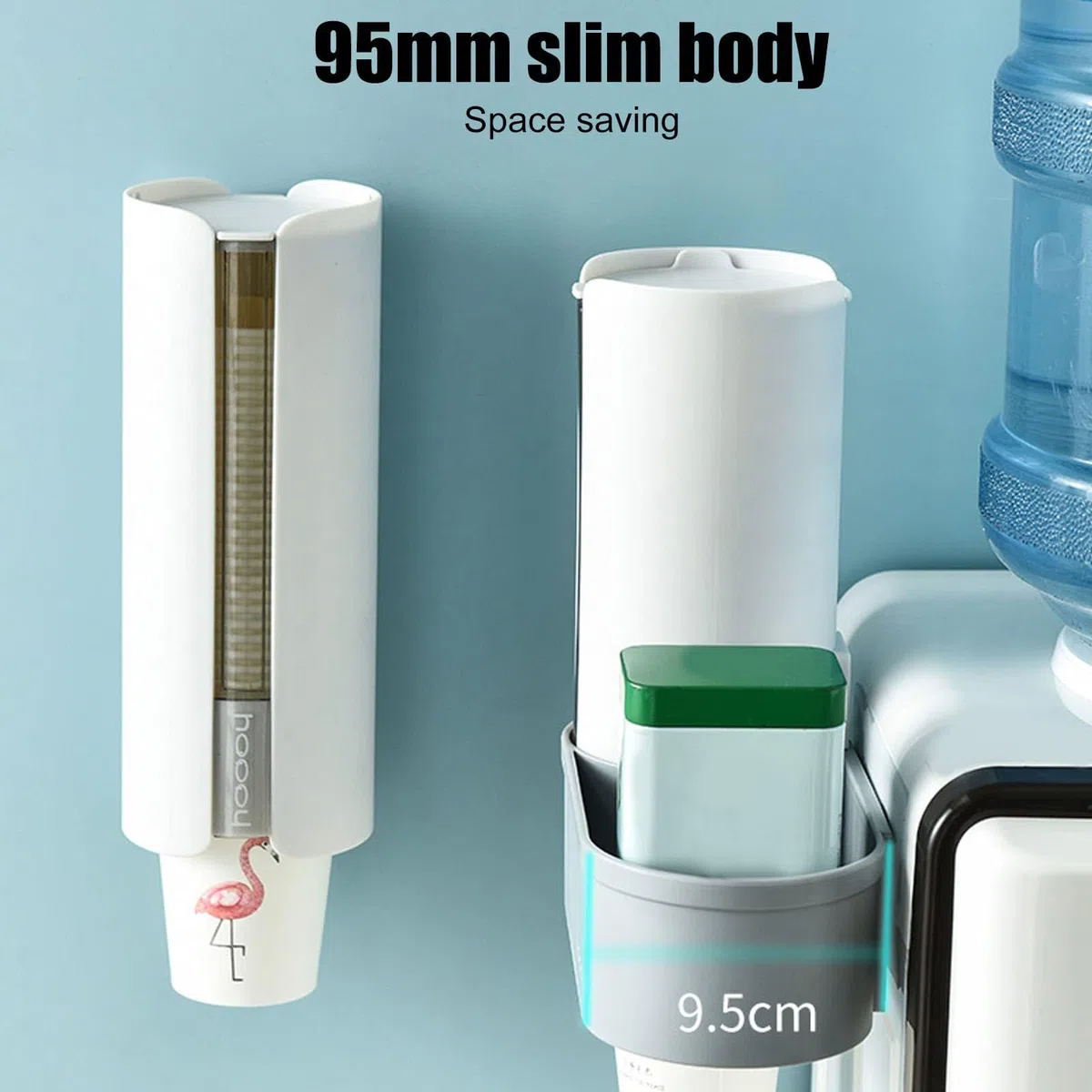 Dispensador de vasos de agua, plástico duradero Fácil instalación Ahorro de espacio Dispensador de vasos de papel de cuerpo delgado de 95 mm para vasos desechables