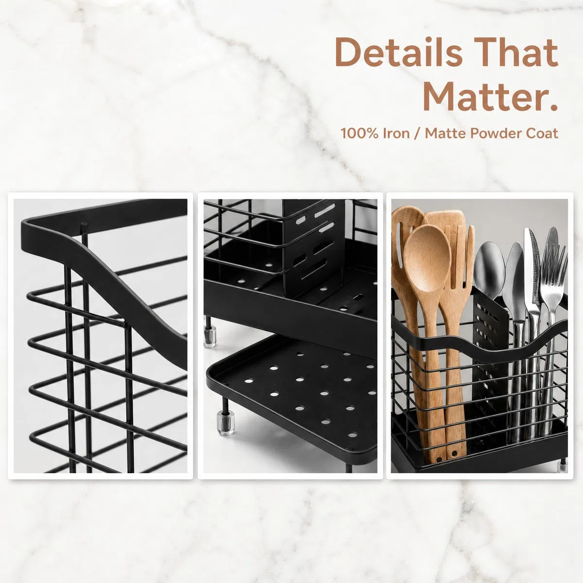 Porta Utensilios de Cocina con Escurridor de 2 Compartimentos, Cesta para Cubiertos de Metal con Drenaje, Soporte Utensilios Cocina Negro para Encimera de Cocina y Uso Diario - 20x19x11cm