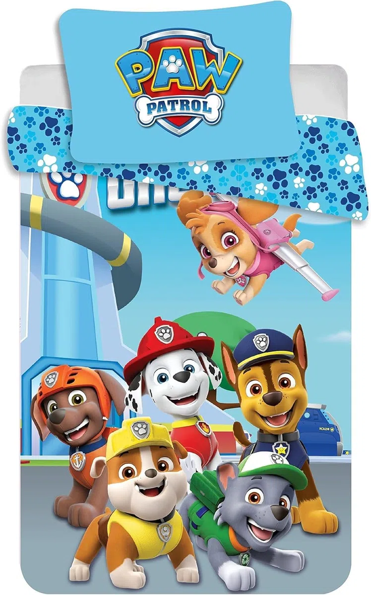 Paw Patrol Ropa de Cama 100% algodón, Azul, 100 x 135 + 40 x 60 cm | Ropa de cama bebé reversible | Algodón natural suave transpirable | Rubble Zuma Rocky | 0-3 | Cuna | Lavable a máquina