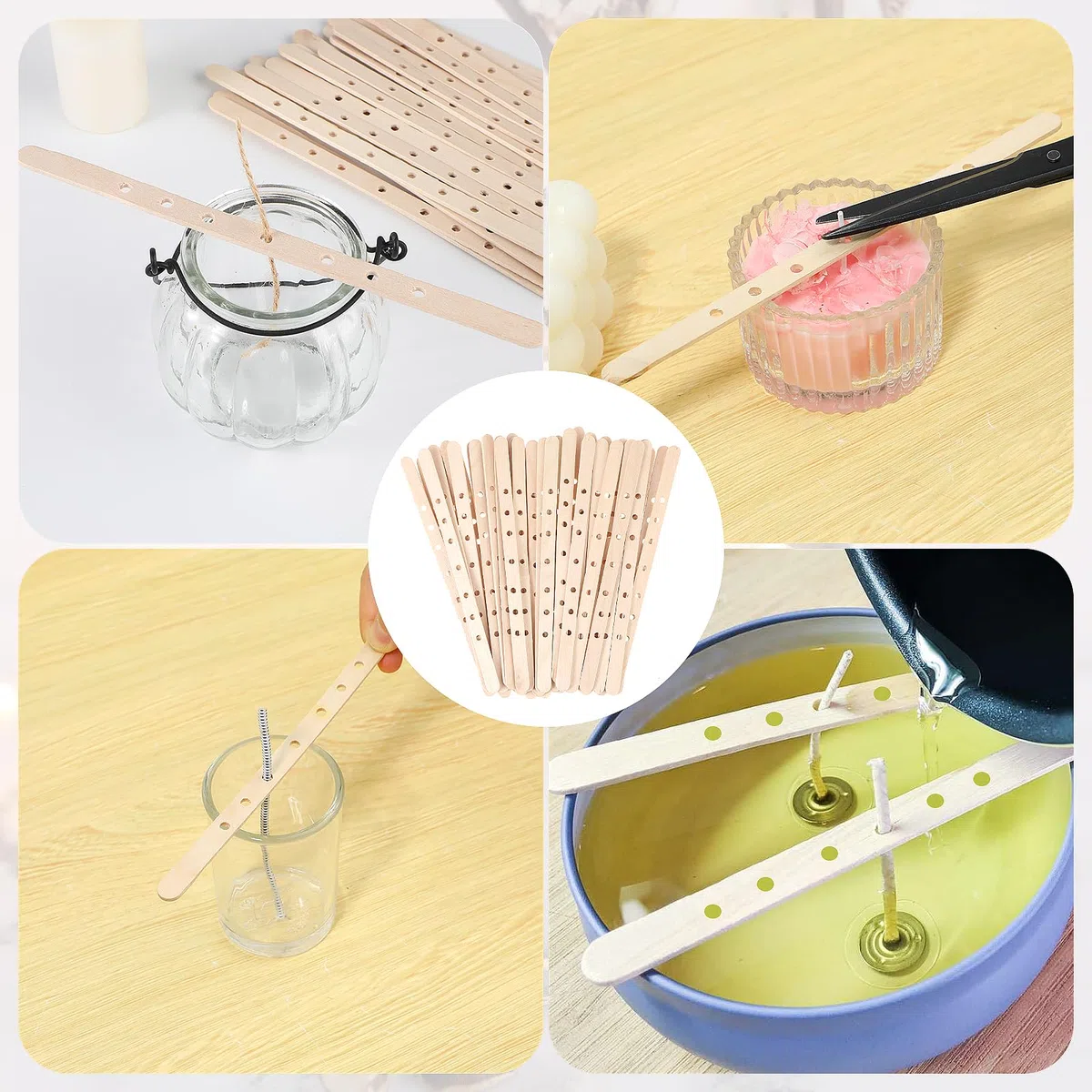 Gjinxi 50 soportes de madera para mecha de vela, 50 unidades, soportes para dispositivos de centrado multimecha, suministros para manualidades, para hacer velas, barras de mechas de velas, clips de