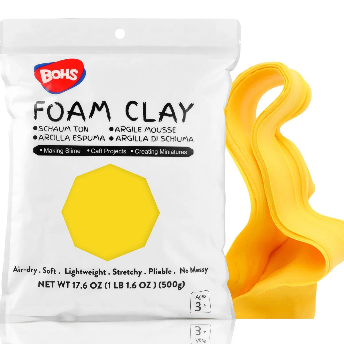 BOHS Arcilla de Espuma Amarilla para Modelar - Blanda, Suave - 500g - Para Cosplay, Proyectos Escolares y Slime