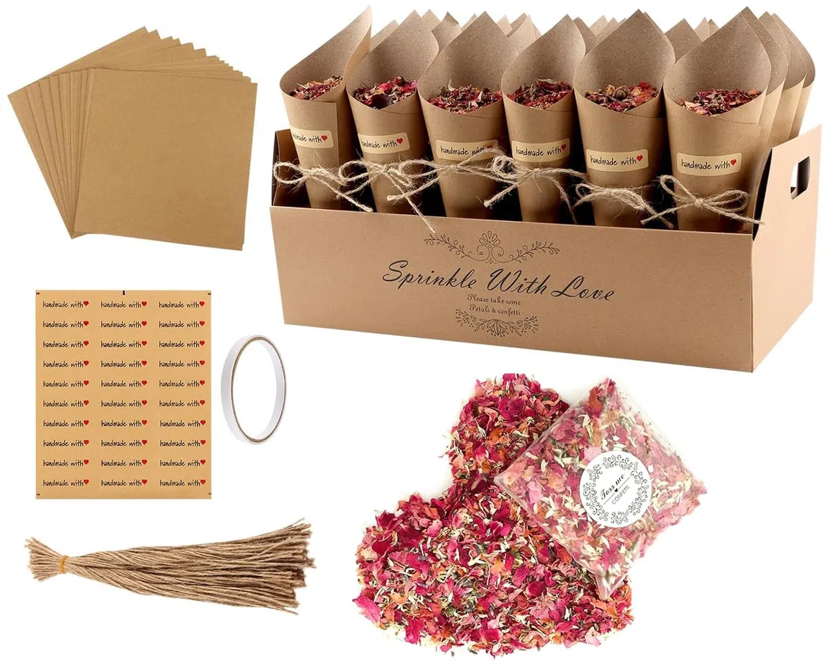 Conos para arroz de boda con paquetes de confeti nupcial, portaconfites Kraft con 30 orificios