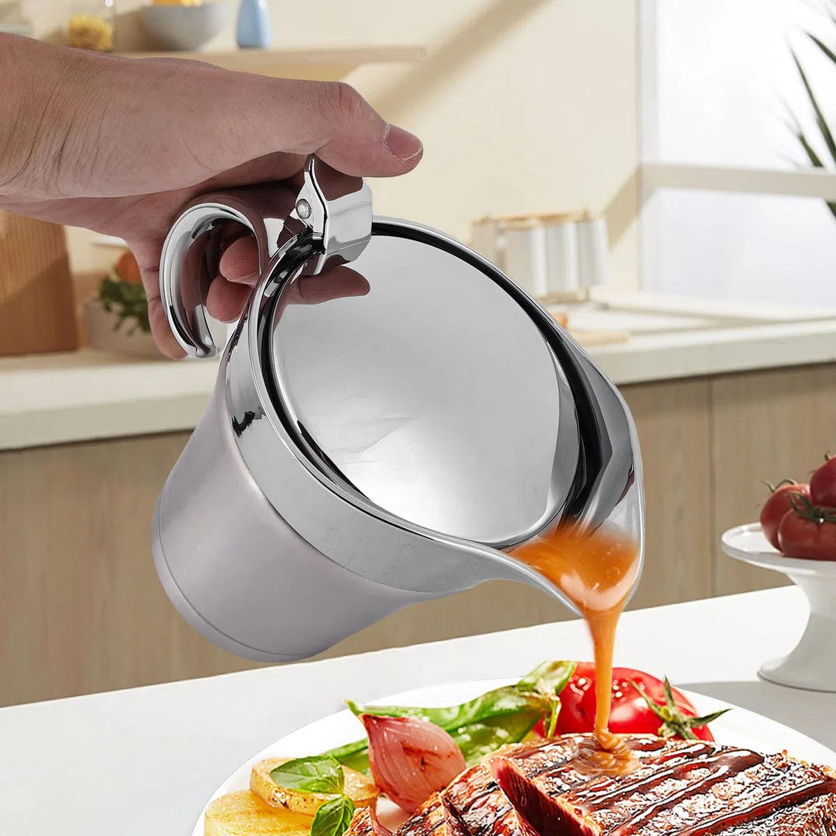 Salsera térmica de acero inoxidable de 450 ml: salsera con tapa abatible y asa, dispensador de salsas de doble pared, jarra de leche, para servir salsas, natillas, nata, salsa