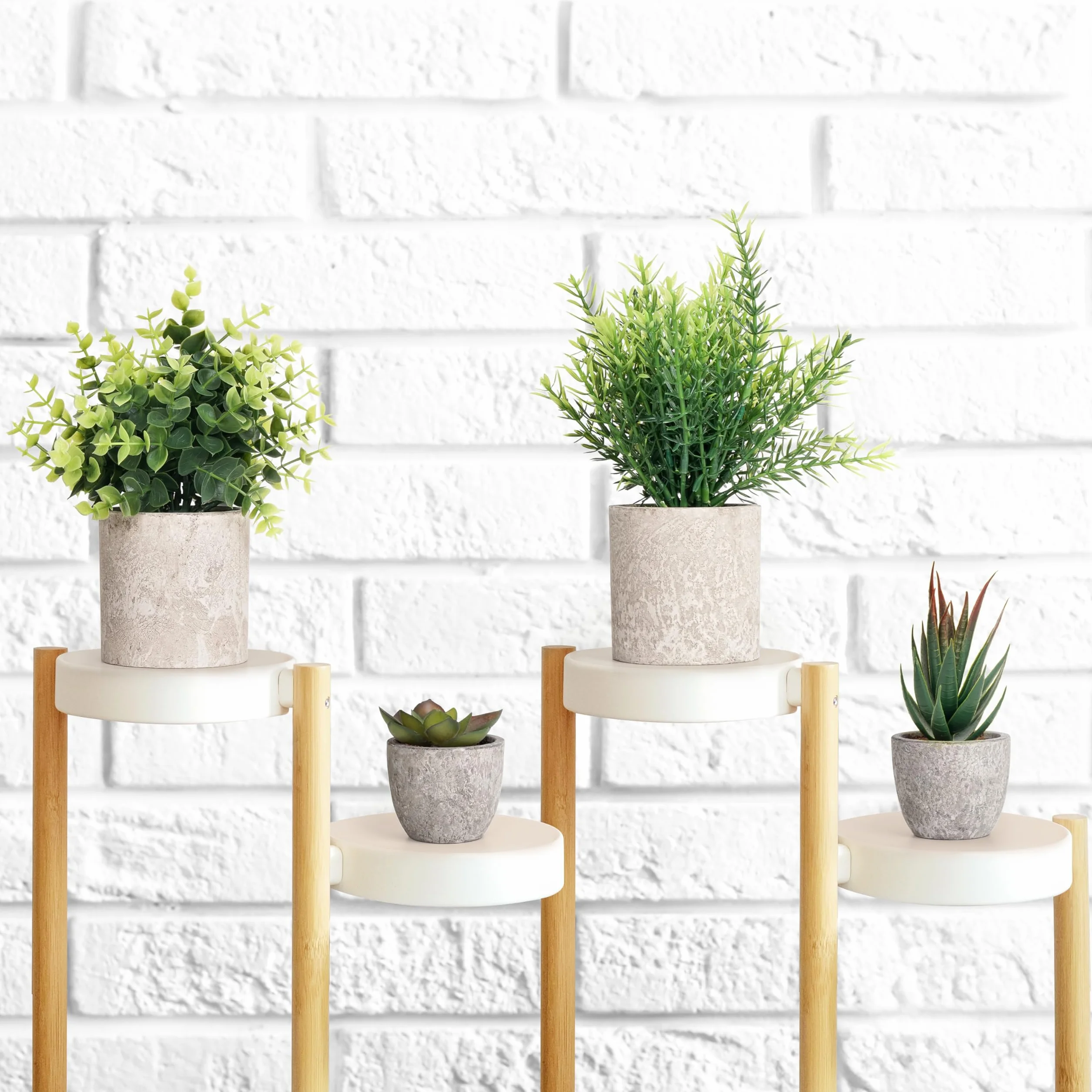 Winter Shore Planta Artificial Verde Pequeña (Pack de 4) - Plantas Artificiales Decorativas con Estilo Campesino - Maceta Interior para Baño y Escritorio de Oficina - Eucalipto y Plantas Suculentas
