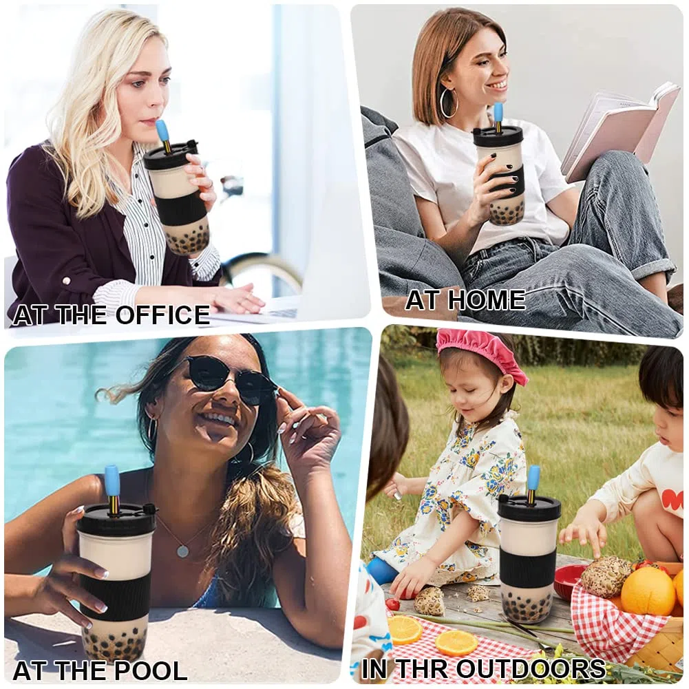 Vaso de té de Burbujas con Pajita y Tapa, 730ML Bubble Tea Cup con Boca Ancha, Reutilizables Taza de té Boba, Vaso de Vidrio Mason Jars Boba Tea, Batidos, Vasos de Cóctel, sin BPA