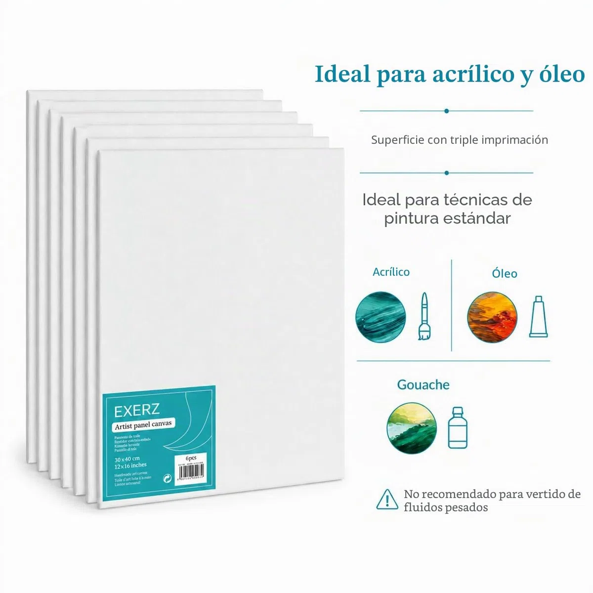 EXERZ 30x40cm Paneles de Lienzos 6 piezas - 0,3cm de Espesor / A3 Lienzos 280GSM / 100% Algodón - Color Blanco/Triple Preparado/Libre de Acido/Hebra Media / - acrílicos & óleo