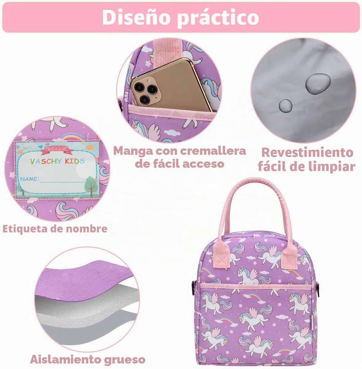 VASCHY Bolsa Almuerzo Infantil, Bolsa Termica Porta Alimentos para Niñas Bolsa Merienda Infantil Bolsa Termica Comida 8.2 Litros para la Escuela con Asa y Correa Desmontable, Unicornio