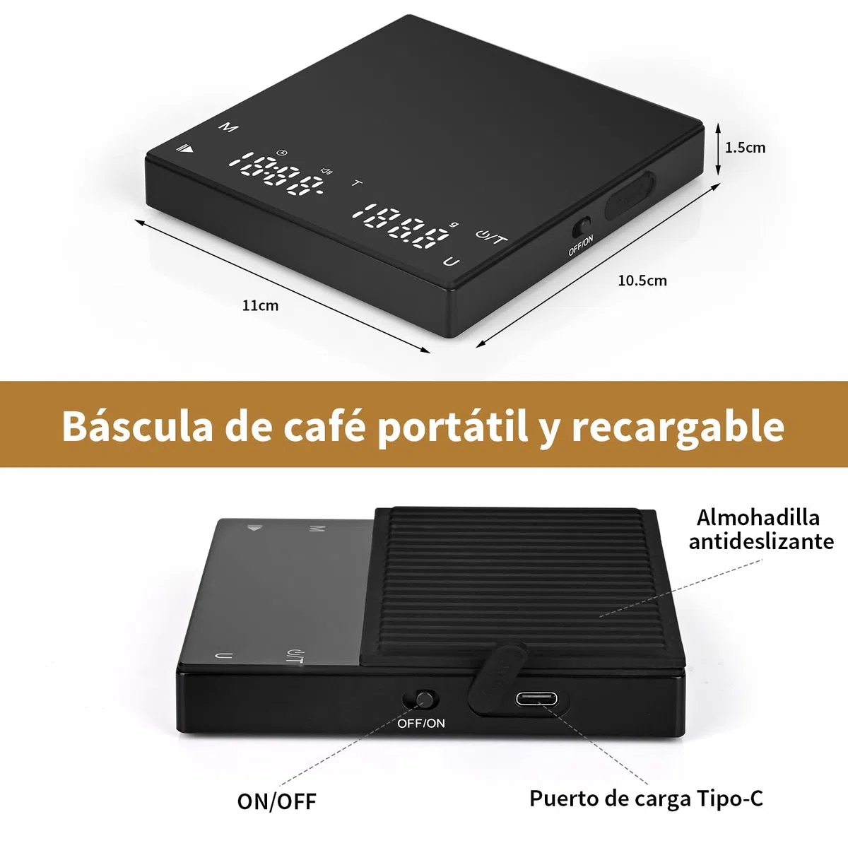 Báscula digital de café con temporizador, báscula de café expreso con graduación precisa de 0,1 g, recargable por USB, báscula de cocina, medición de caudal con función de tara, máx. 2 kg