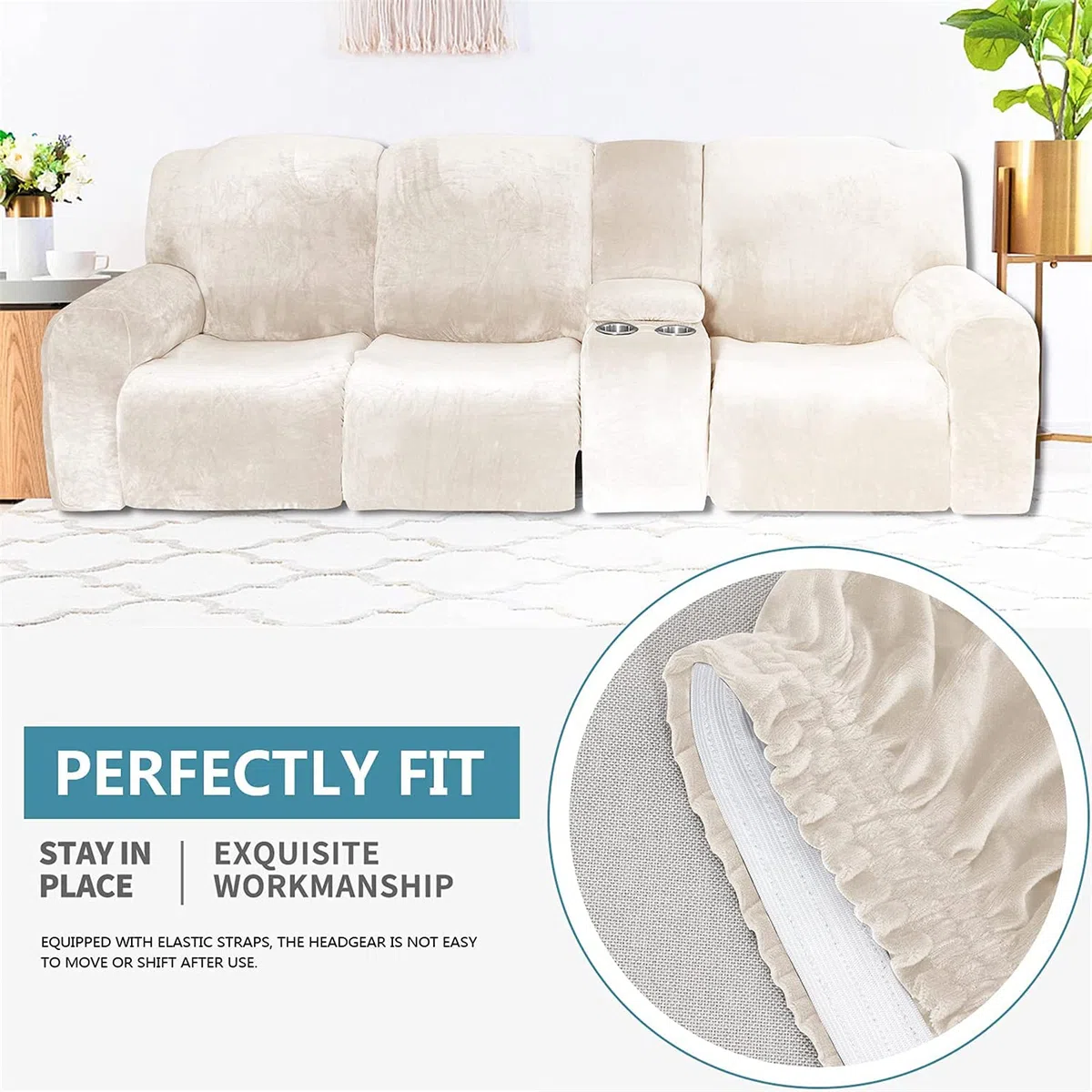 Funda reclinable elástica de Terciopelo con Consola - Tela Lavable Suave y Gruesa - Color Arena de 2 a 3 plazas - ¡Proteja su sofá reclinable con Esta Funda reclinable Premium contra el Desgaste Dia
