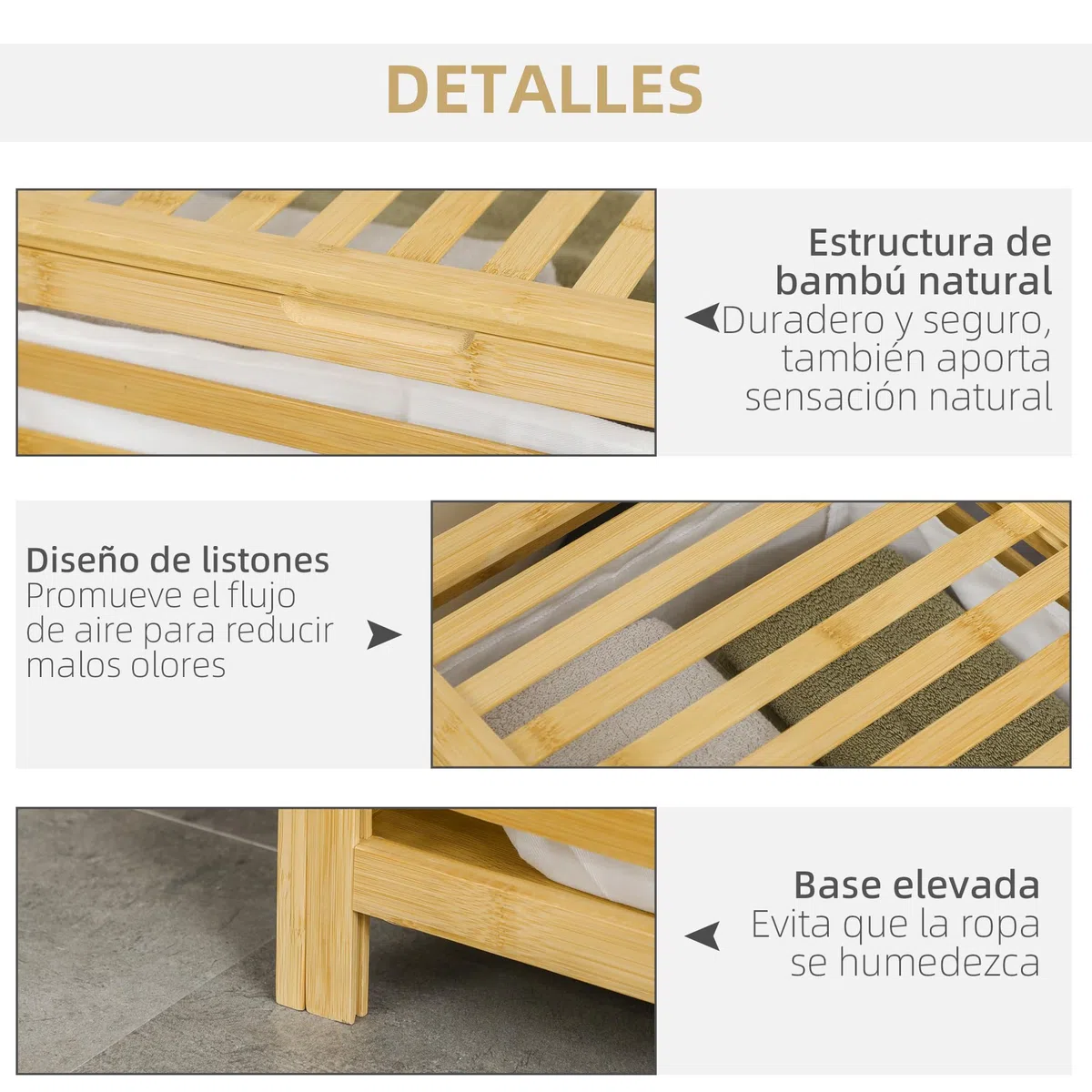 HOMCOM Cesto para Ropa Sucia de Bambú Capacidad de 55L Cesta para la Colada con Tapa 2 Asas y Bolsa Extraíble Forma Rectangular 50x36x60 cm Natural