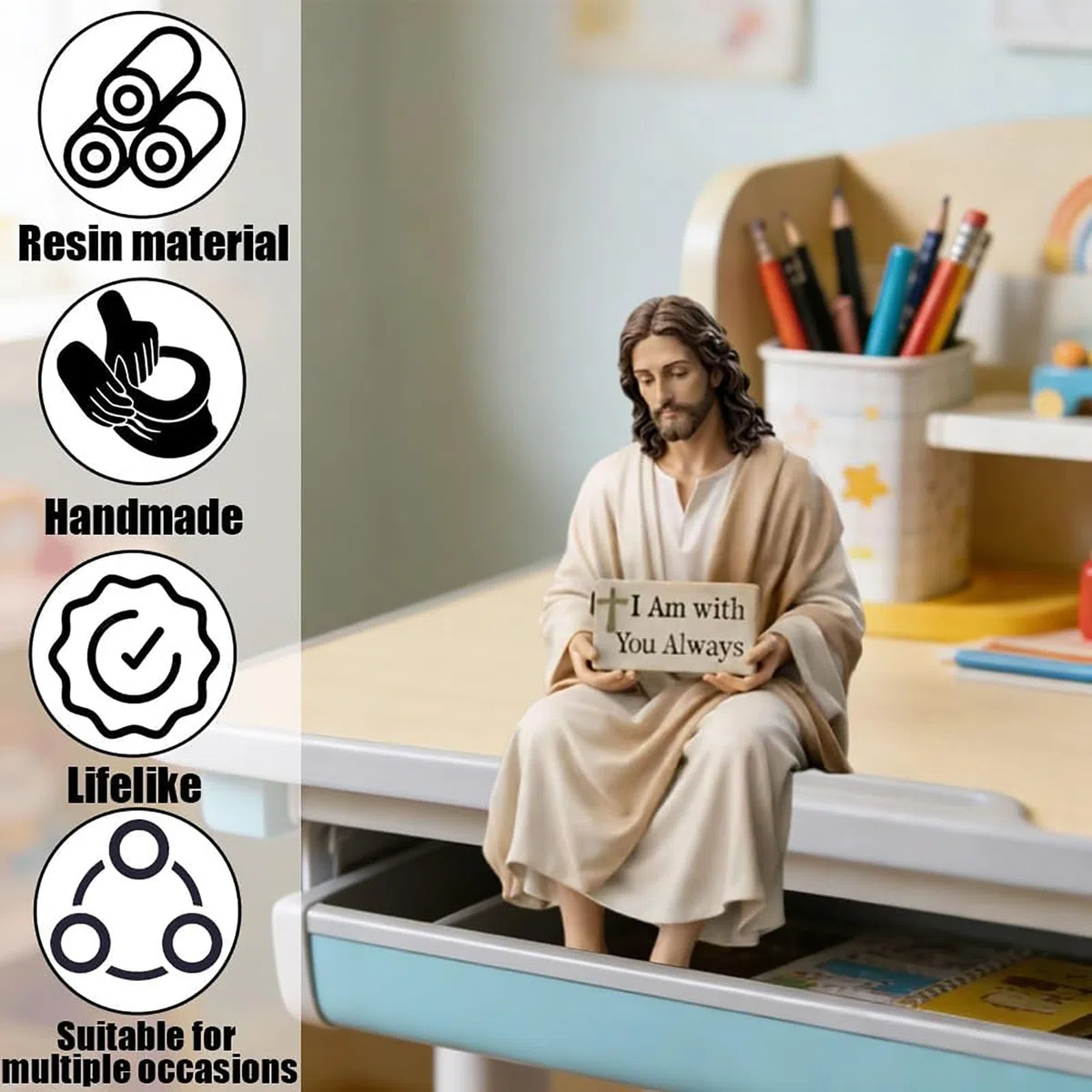 Figura de Resina de Jesús para Escritorio, Estatua de Jesucristo sentada Hecha a Mano, Estatua Decorativa con el Mensaje Siempre Estoy contigo, decoración Religiosa sentada Hecha a Mano (1pc)