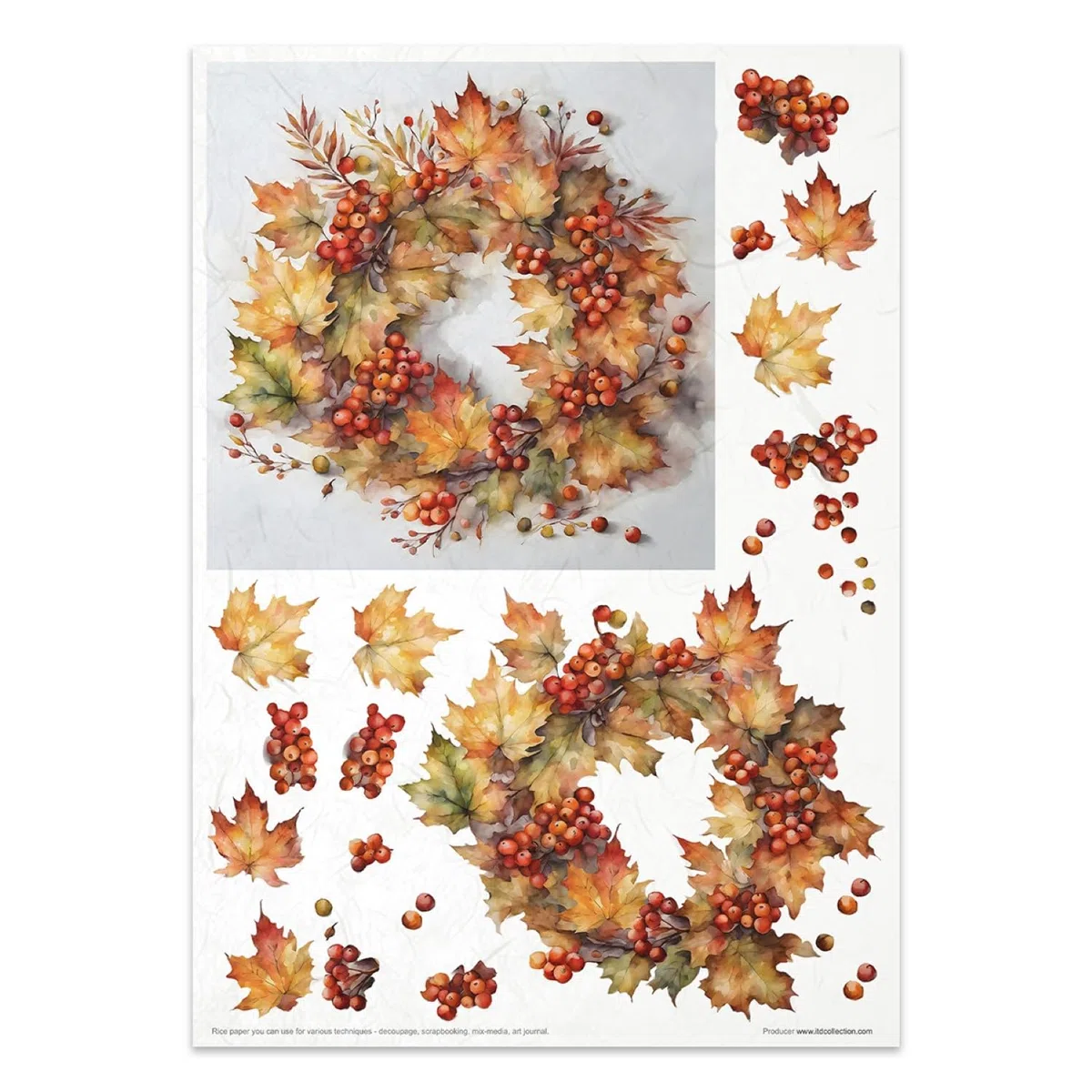ITD Collection - Papel de arroz Decopatch - Decoupage - Papel de diseño para decoupage - Hojas de papel de arroz - A4 29,7 x 21 cm - Autumn Wreath - RP-076