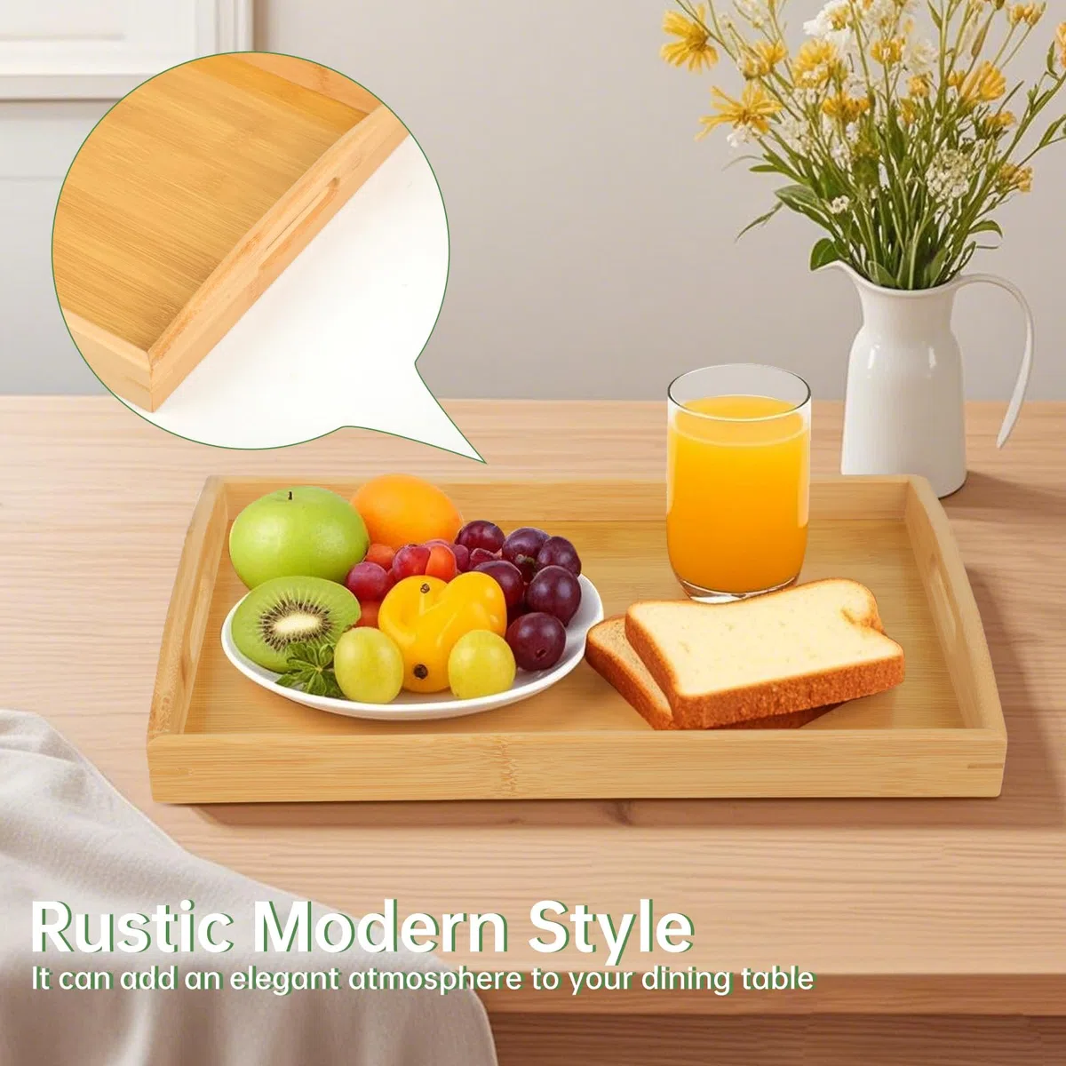 Bandeja de Madera para Servir Comida, Bandeja Madera Rectangular con Asas, Bandeja de Bambú Grande, Bandejas para Servir Comida en Cocina, Salón o como Decoración (Natural)
