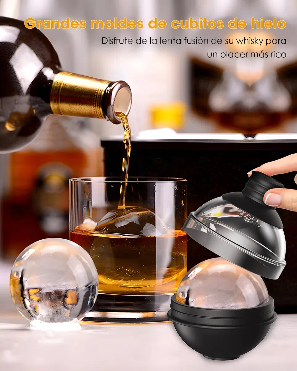 Cubiteras para hielo grande de silicona para whisky - Set de 4 con tapa de embudo 2 en 1 - Moldes de cubitos de hielo redondos de 6cm para cócteles de bourbon - Liberación fácil - Large ice cube tray