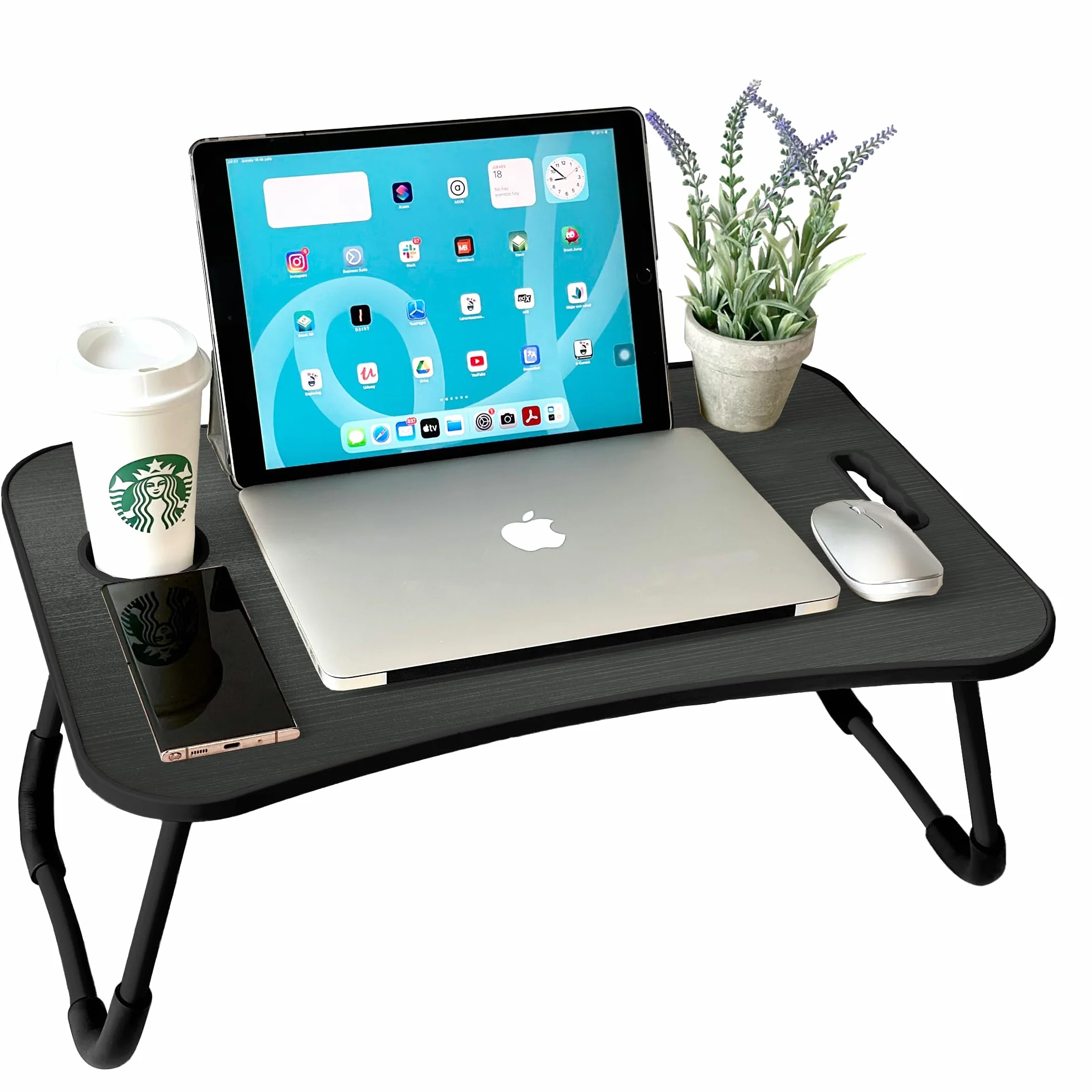 unycos - Bandeja para Cama, Mesa Plegable de Desayuno, Multiusos, Ideal para Portátil, Ordenador y Libros, Ergonómica, Mesa Auxiliar con Atril para Leer en la Cama 60x40x26 cm (Negro/Gris sin Cajón)