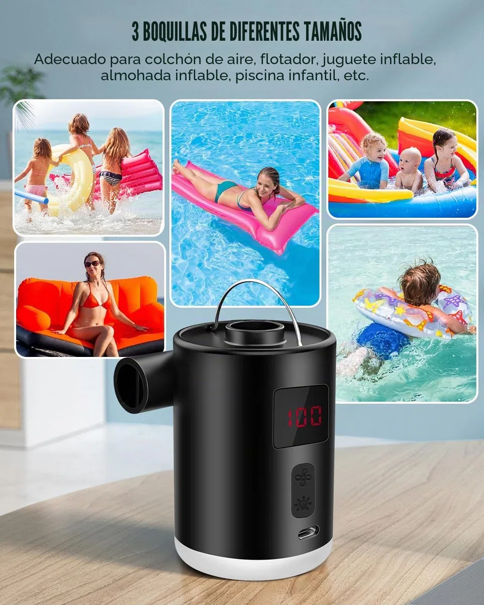 Bomba de Aire Eléctrica 4000mAh Batería Recargable con 3 Boquillas, Inflador Eléctrico Portátil, con Fuente de Luz, se Puede Colgar, Adecuado, para Barco Inflable Piscinas Colchones de Cama, Inflador