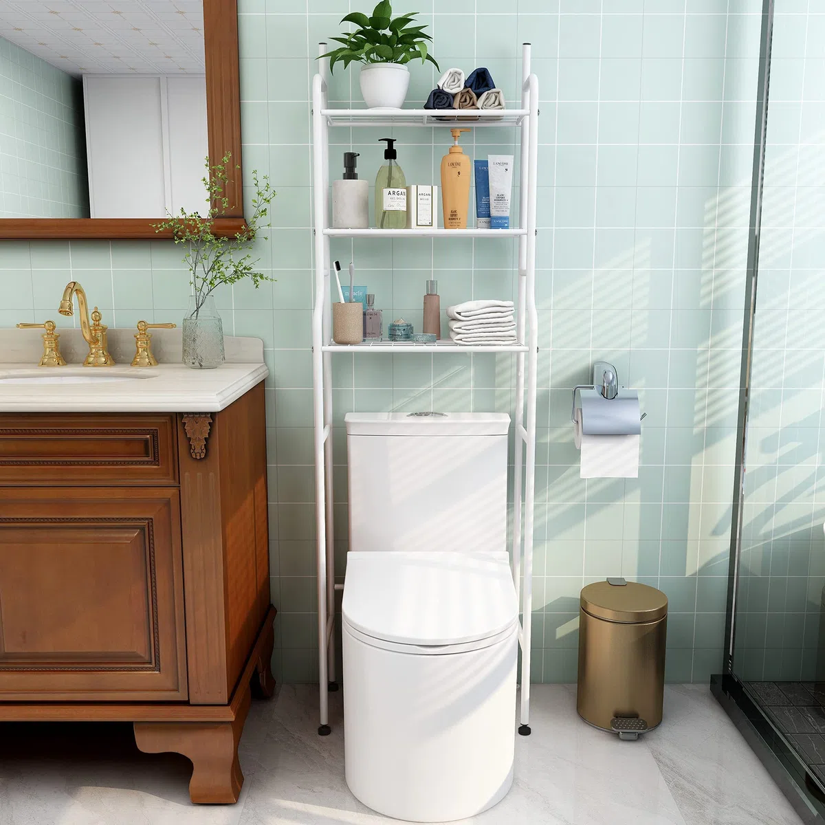 Soporte de inodoro de metal, soporte de baño de malla de 3 niveles, organizador de baño, ahorro de espacio, fácil de montar (blanco)
