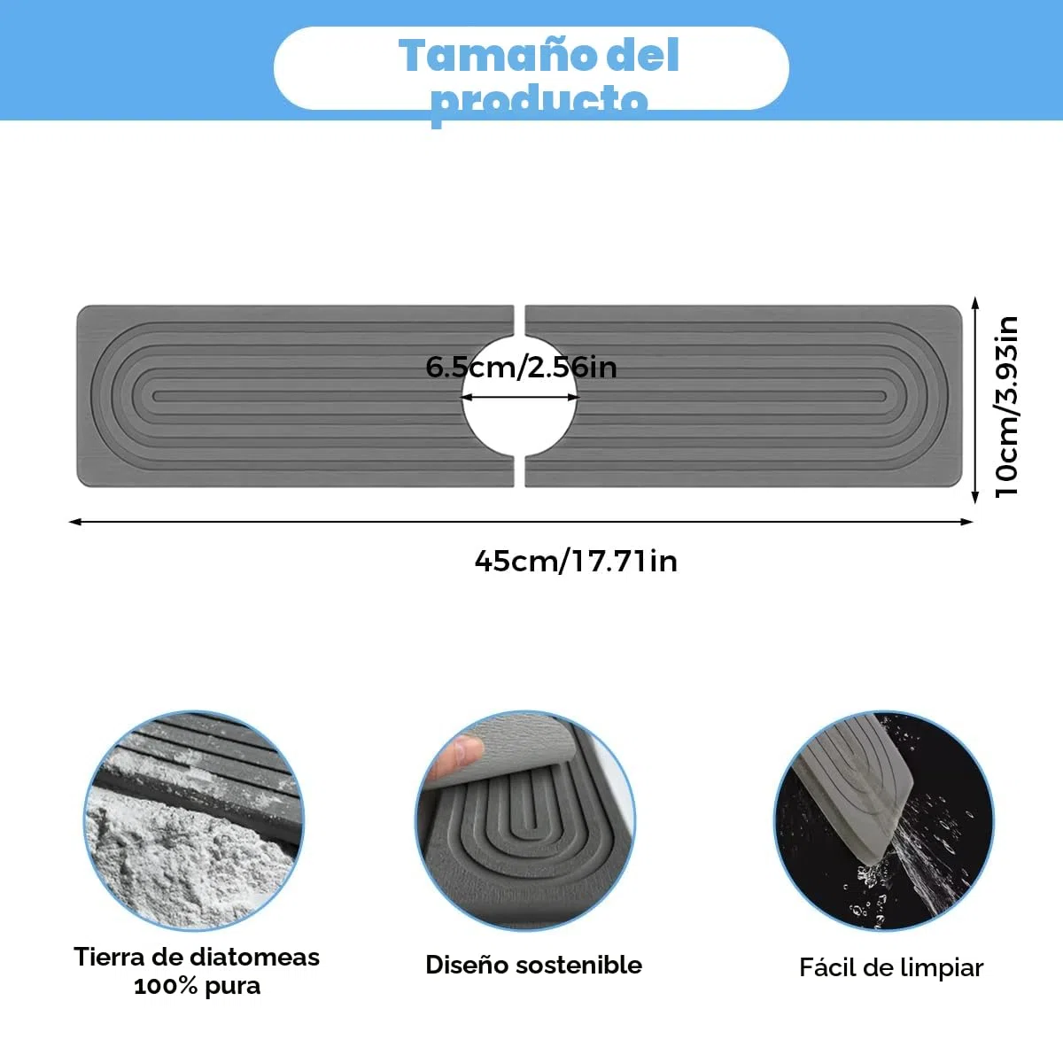 Zykra Alfombrilla Fregadero Cocina 45x10cm Protector Mueble Fregadero de Diatomita, Piedra Diatomita Cocina, Piedra Absorbente Cocinai, Bandeja de Secado de Diatomit para Cocinai y Baño