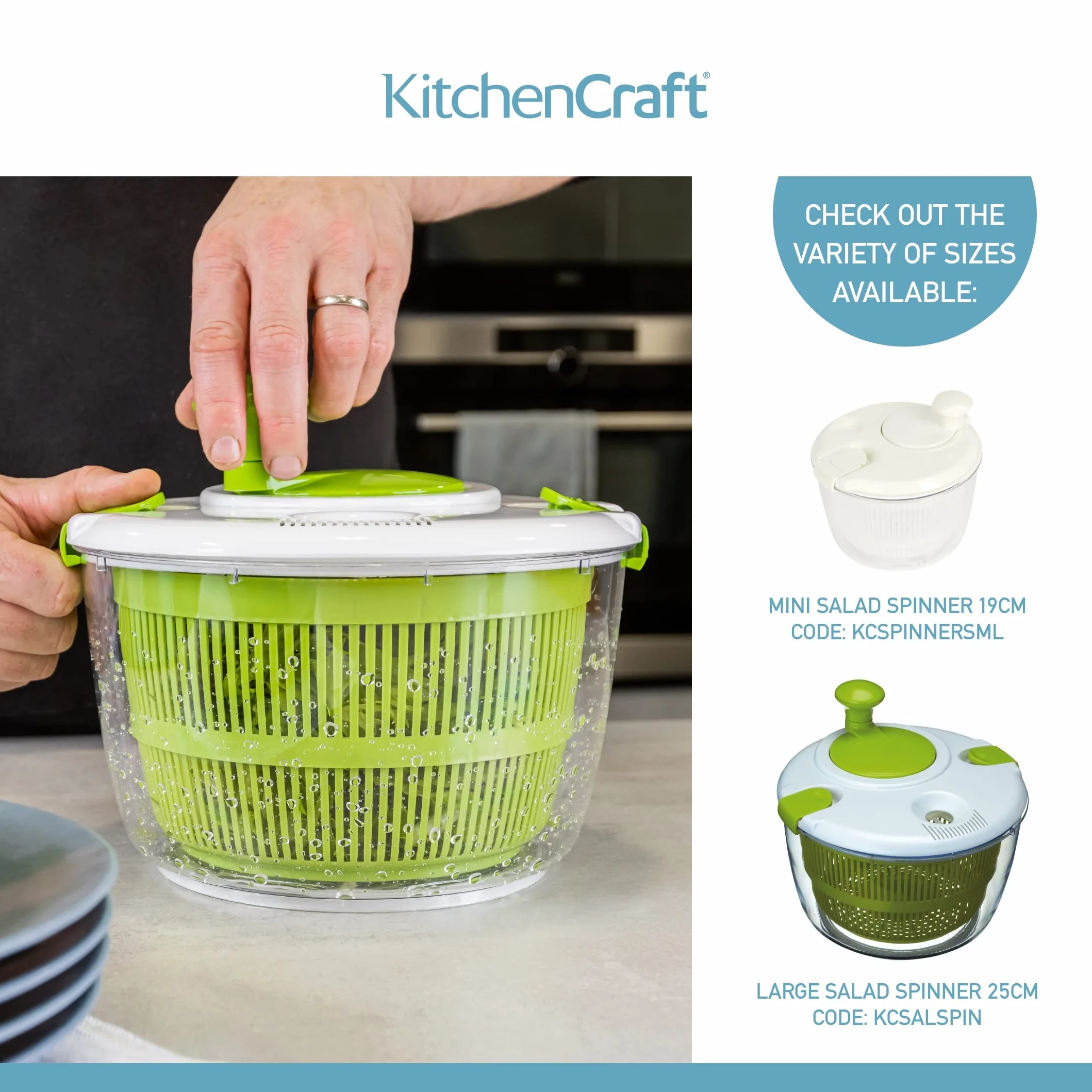 KitchenCraft Mini Ensaladera Giratoria para Escurrir y Colar el Agua Antes de Aliñar, Secado Rápido, Plástico de Seguridad Alimentaria, Apto para Lavavajillas, 19 cm