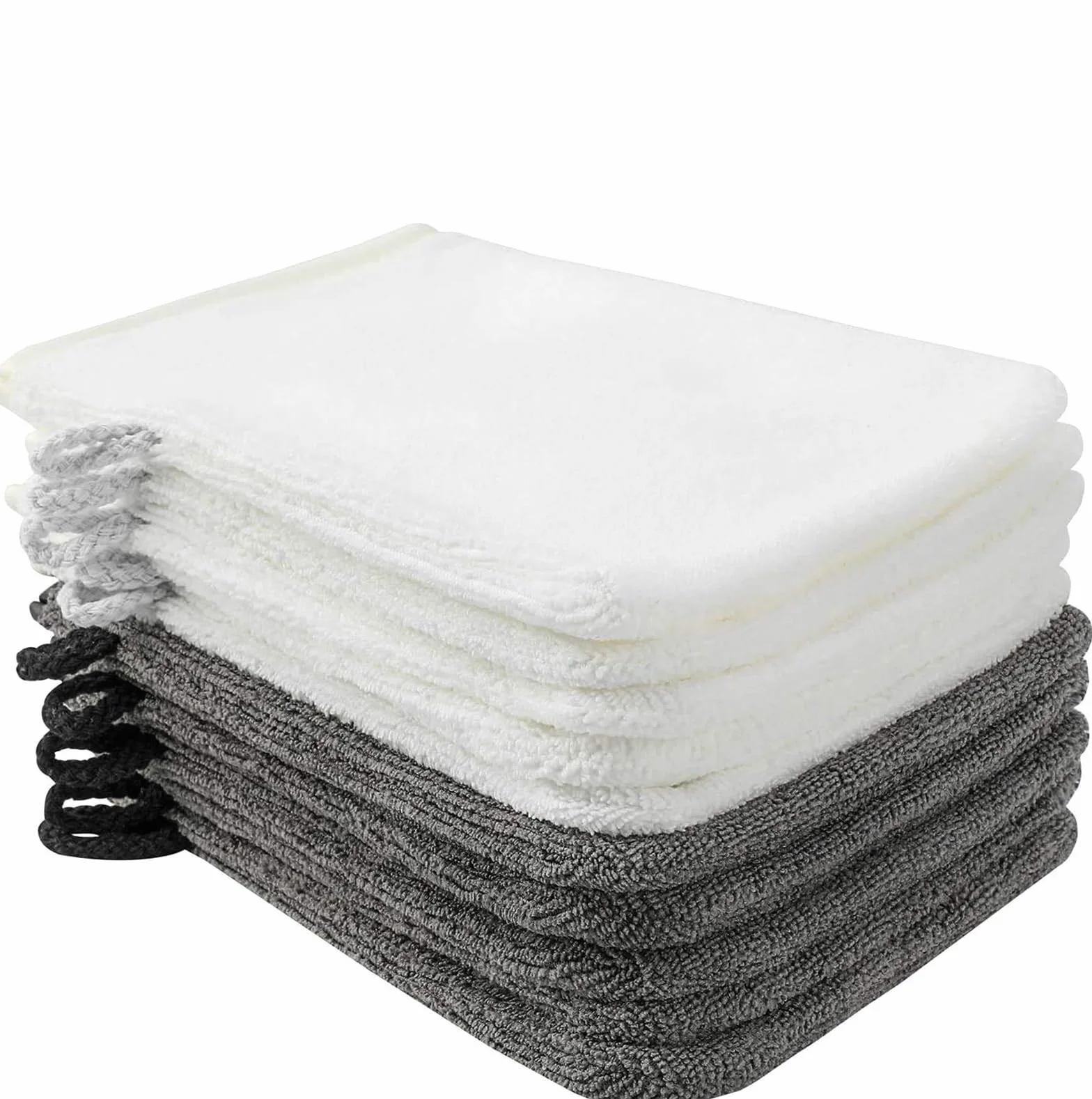 PHOGARY Paquete de 10 Piezas de Manoplas de baño Guantes para lavarse tamaño 15x21 cm con Cordón, Microfibra Premium de Color Gris Antracita y Blanco