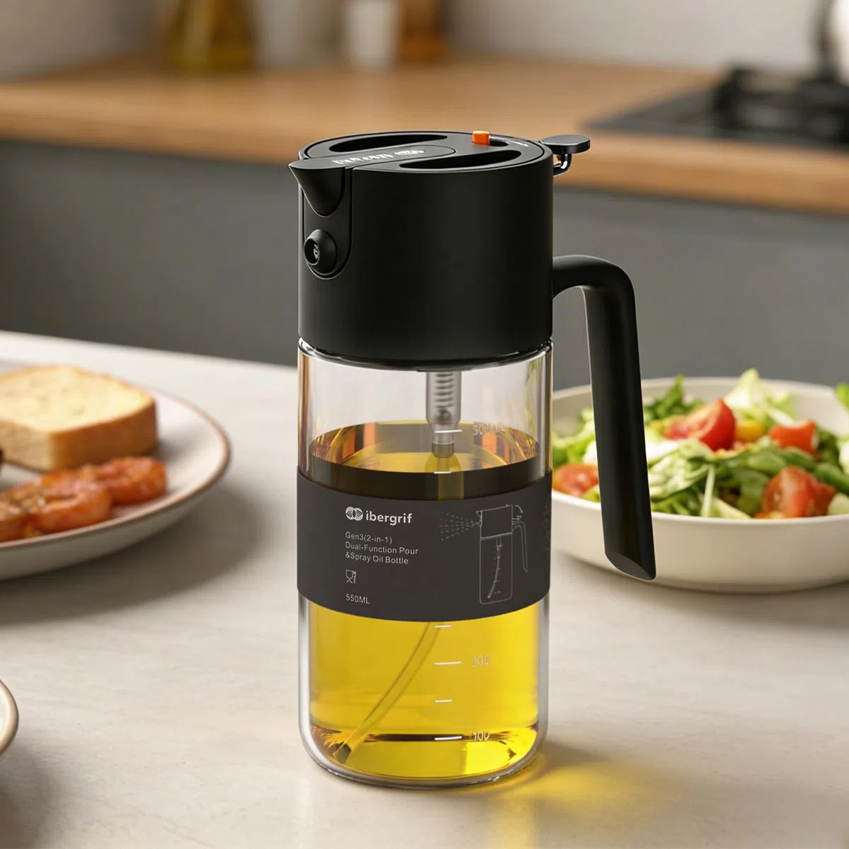 Ibergrif 2 en 1 Pulverizador de aceite 500ml – Rociador de aceite con Escala, Altura 202mm, Aceitera spray de Vidrio de borosilicato, Antigoteo para Freidora de aire, Barbacoa, Ensaladas, Negro, M530B