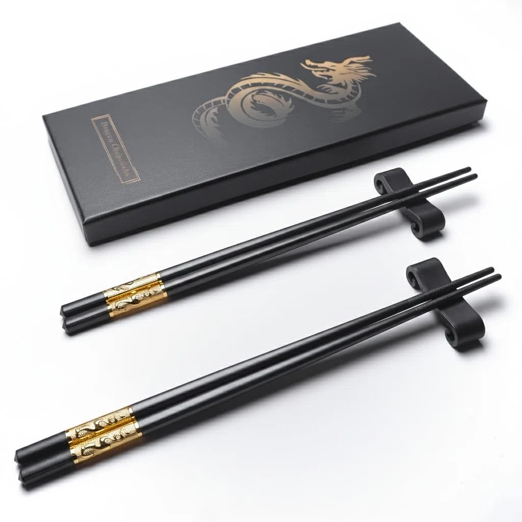 Palillos de Chinos de Categoría Superior, Estilo Clásico Reutilizable, Apto Para Lavavajillas, Conjunto de 2 Pares con Caja de Valor, Set de Regalo de Palillos Chinos de Dragón(2 Pares-Dragón)
