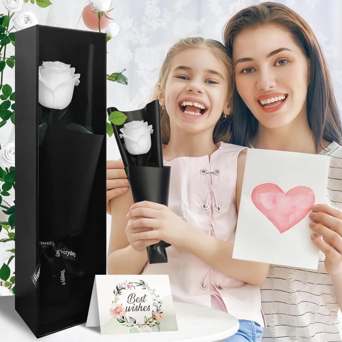 Rosa Eterna Natural Blanca con Tallo en Caja de Regalo, Rosa Preservada, Regalo Elegante para Mujer, Mamá, Esposa en Cumpleaños, San Valentín, Día de la Madre, Navidad