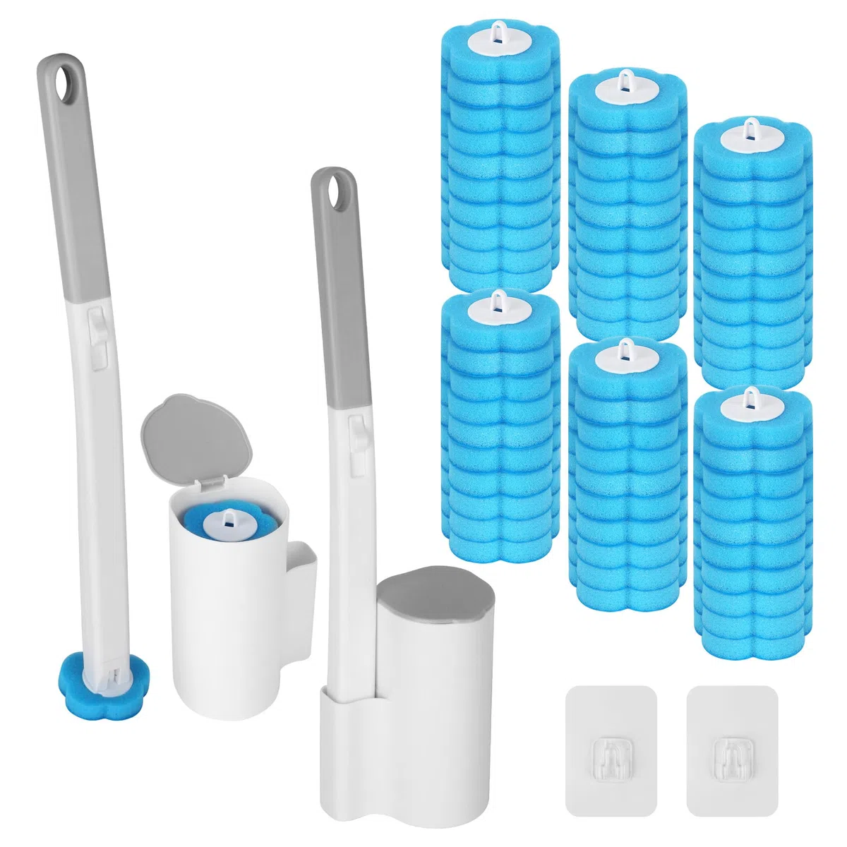 Escobillas de baño Desechables, Mangos Dobles extendidos y Soportes Dobles, Contiene 60 Cabezales de Cepillo detergente Desechables. escobilla WC para inodoros, bañeras, lavabos (Azul)