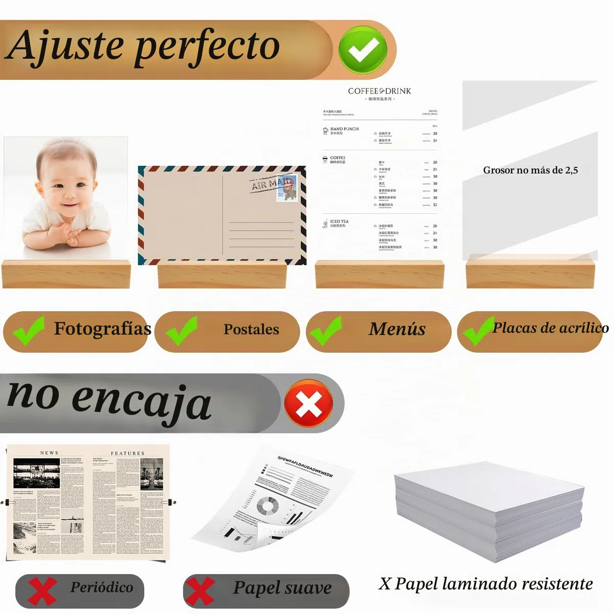 20 soportes para tarjetas de madera con ranura recta y adhesivo nano sin puntos, soporte para tarjetas de mesa, soporte para tarjetas de menú, soporte para tarjetas postales de madera de pino