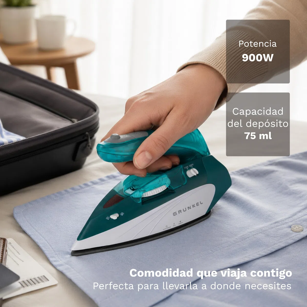 Grunkel - Plancha de Vapor de Viaje -PLV-900- Con Función Planchado en seco. Vapor Continuo y Golpe de Vapor Plancha de ropa para viajar con Sistema Control de Temperatura - 900W - Verde