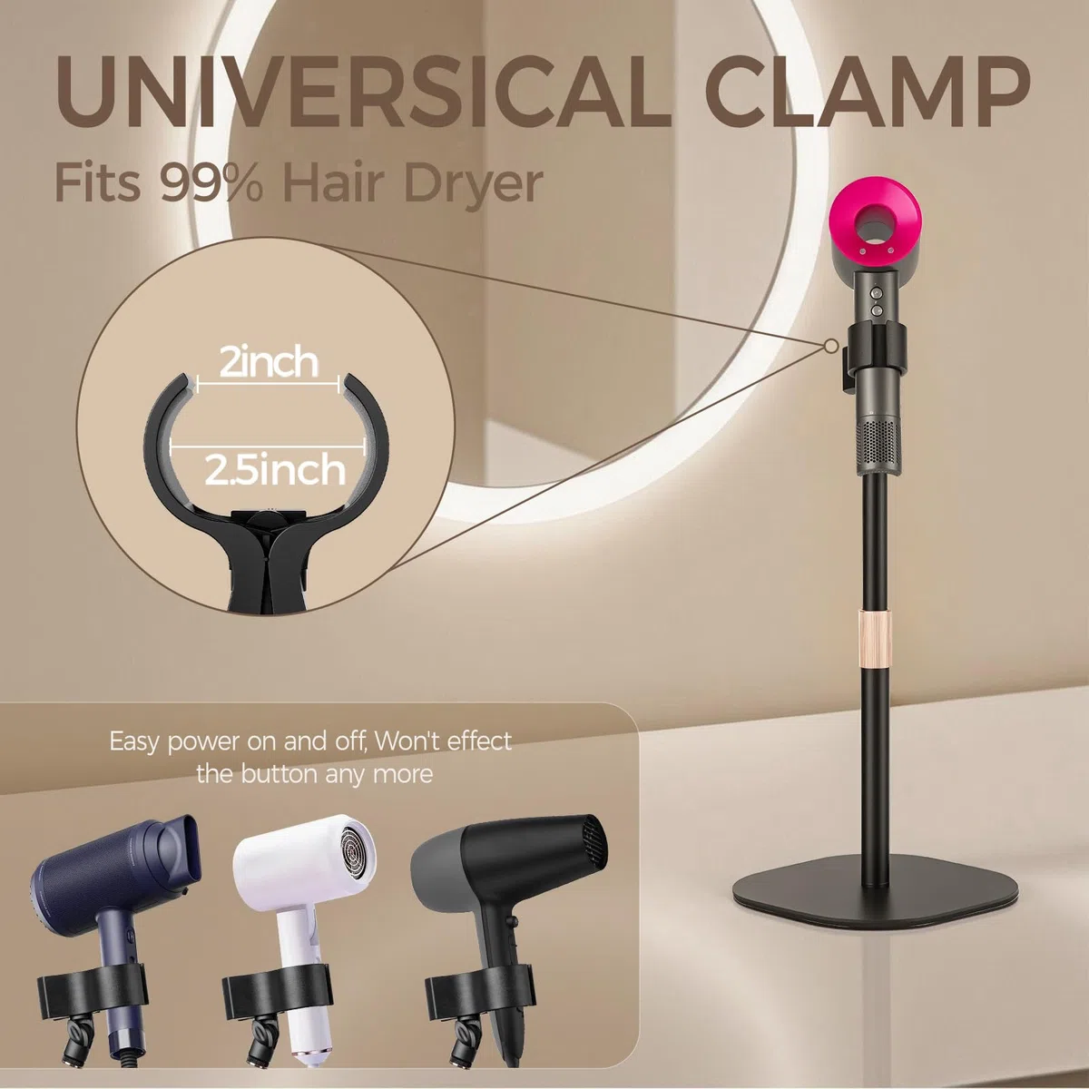 Soporte para secador de pelo, manos libres, giratorio 360 grados, altura ajustable, duradero y compatible con el 99% de los secadores.