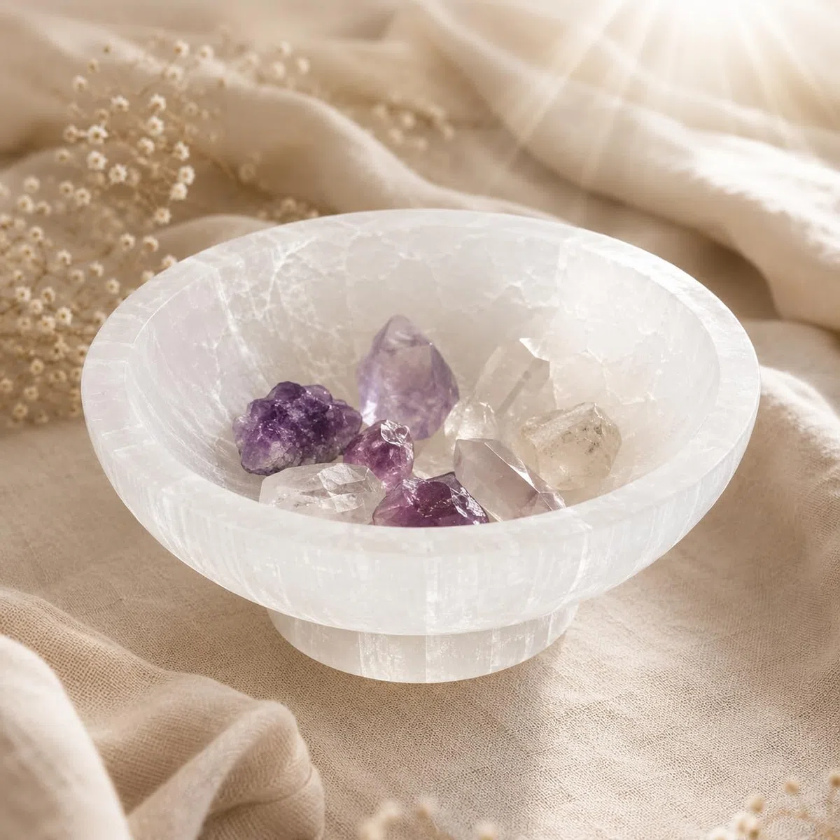 NKlaus Base de carga de selenita de 10 cm – Bandeja de energía redonda para limpiar y cargar piedras preciosas, decorativa para meditación, altar, bienestar y aplicaciones espirituales