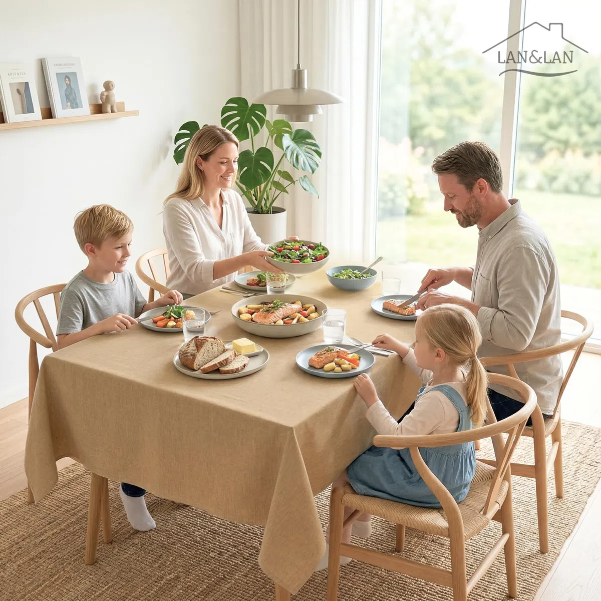 LAN&LAN Mantel Antimanchas con Efecto Lino - Mantel Impermeable para Mesa Rectangular para Interior y Exterior con Fácil Limpieza y Protección Total (Café, 132 x 180)