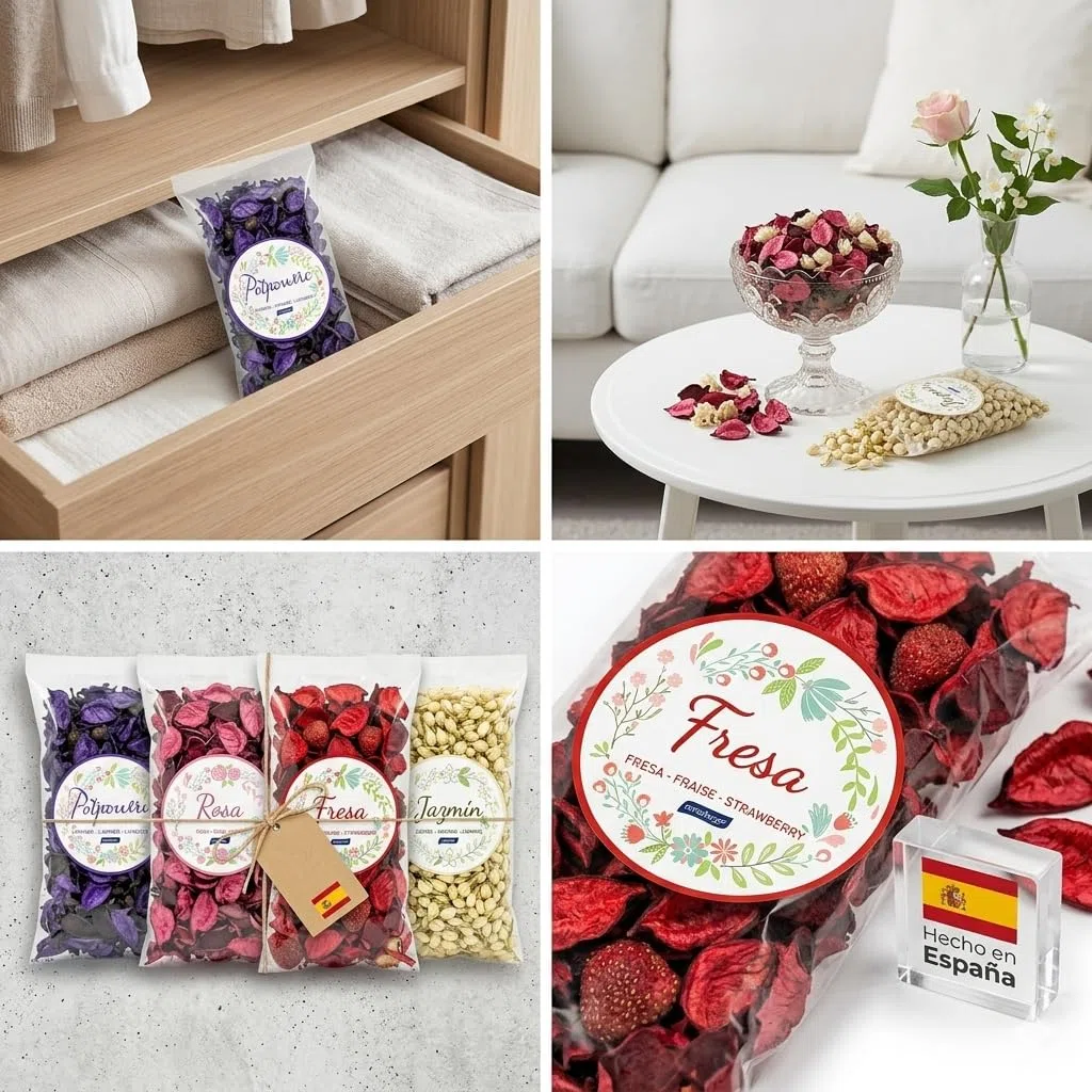 Ambientador de Flores Secas Perfumadas (Pack 4 x 70g) - Potpourri Aromático Decorativo para Armarios, Cajones y Hogar - Aromas Lavanda, Rosa, Fresa y Jazmín - Hecho en España