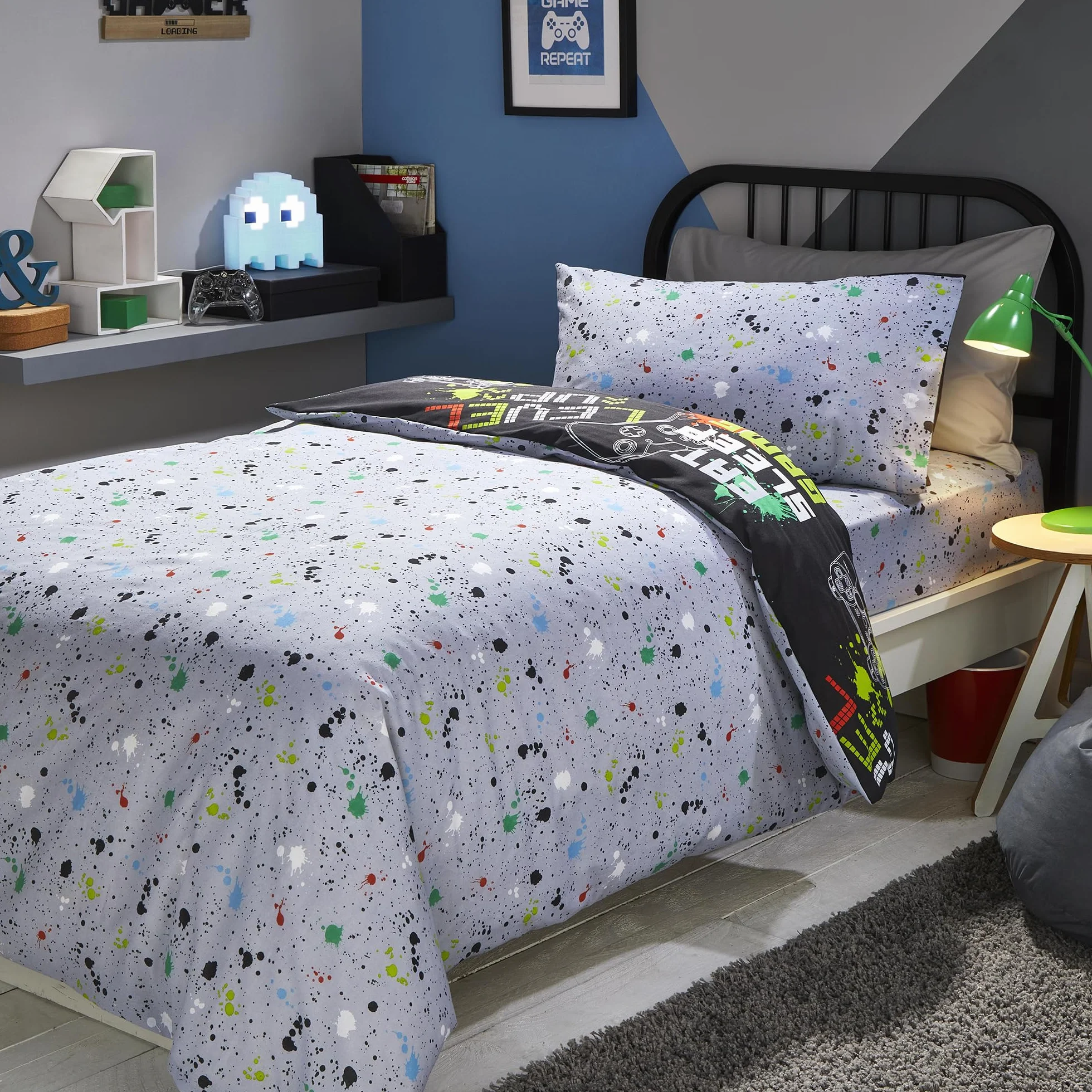 Bedlam - Funda de edredón Negra con diseño de Videojuegos, tamaño Individual (200 x 140 cm), Ropa de Cama Que Brilla en la Oscuridad, Reversible (2 diseños), Ropa de Cama para Videojuegos, Funda