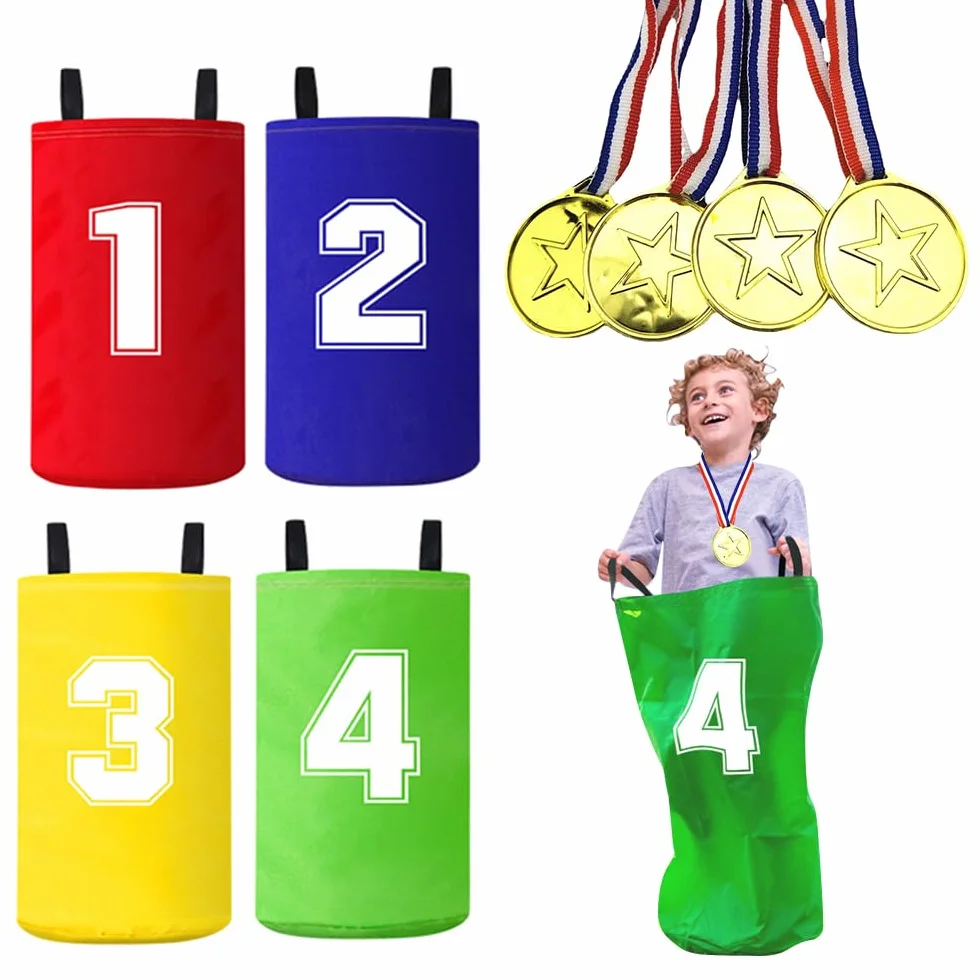 4 Piezas Bolsa de Carrera de Sacos, Juegos de Carreras de Sacos, Sacos de Saltar Sacos de Cumpleaños Infantiles, Saco de Carrera Infantil con Medallas para Cumpleaños, Fiesta, Familiar