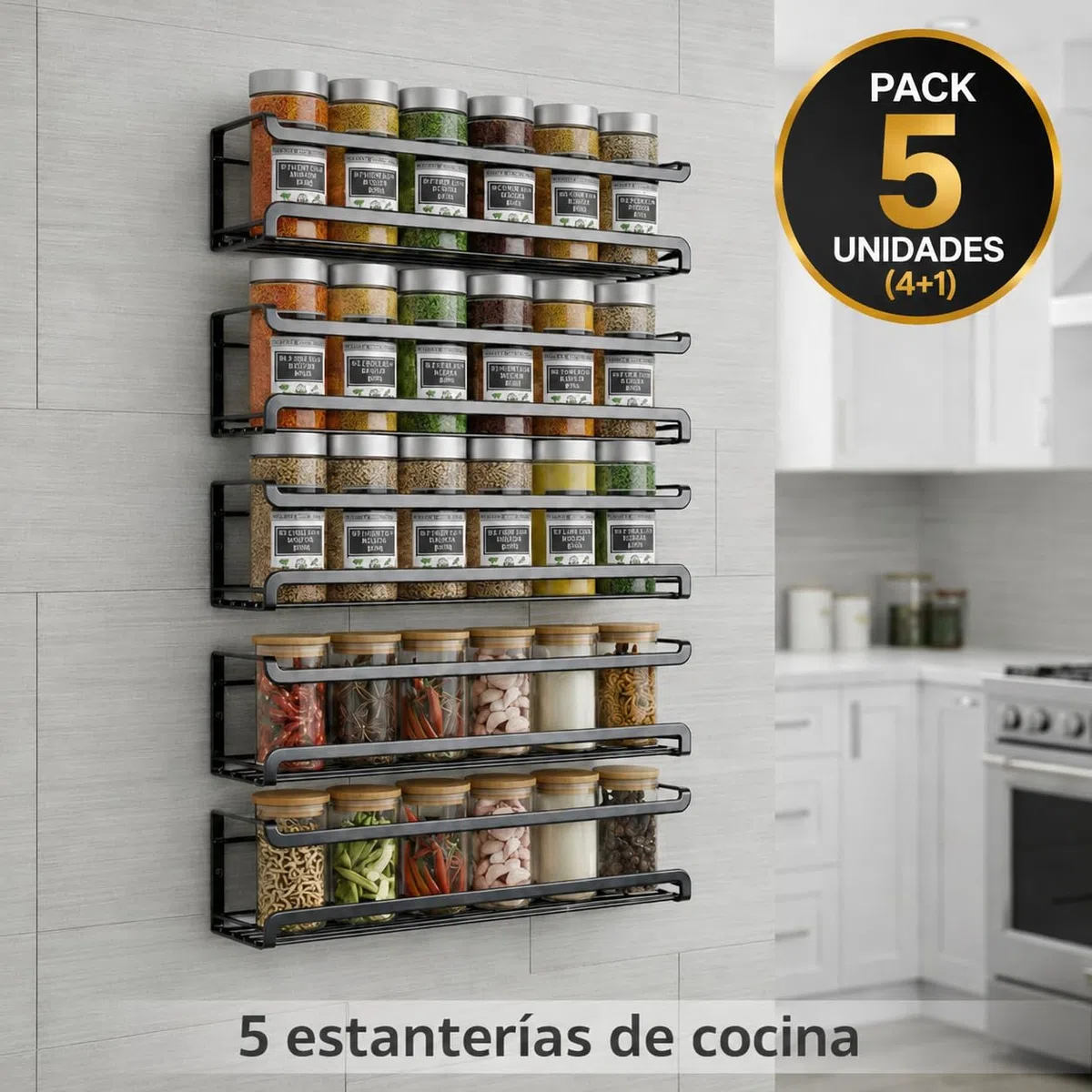 Especieros para Cocina, Pack de 5 (4+1 Extra), Organizador de Especias, 5 Estanterías Metálicas Negro Mate, Sin Taladrar, para Armarios y Baño, Incluye Nivelador, Adhesivo o Tornillos