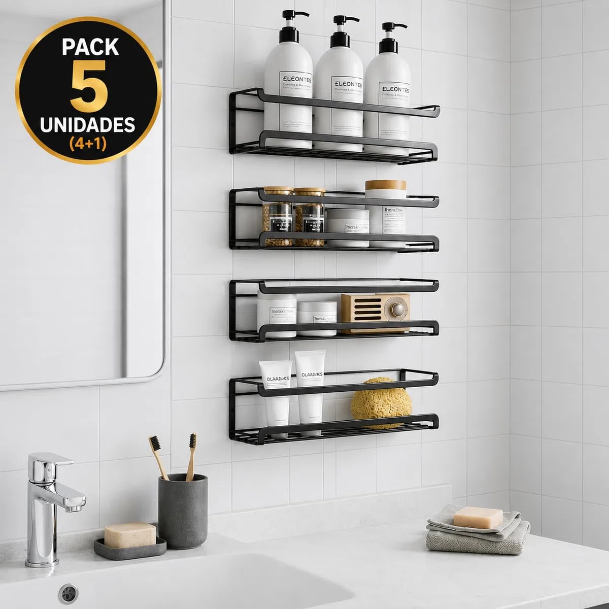 Especieros para Cocina, Pack de 5 (4+1 Extra), Organizador de Especias, 5 Estanterías Metálicas Negro Mate, Sin Taladrar, para Armarios y Baño, Incluye Nivelador, Adhesivo o Tornillos