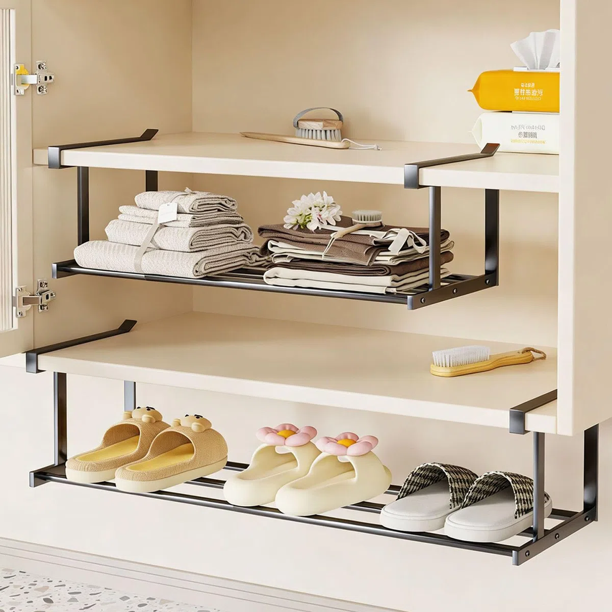 ViWaVee Organizador Zapatos Extensible (40-70 cm) - Soporte Colgante Ajustable para Armario, Zapatero, Cocina y Baño - Negro 1 Capa