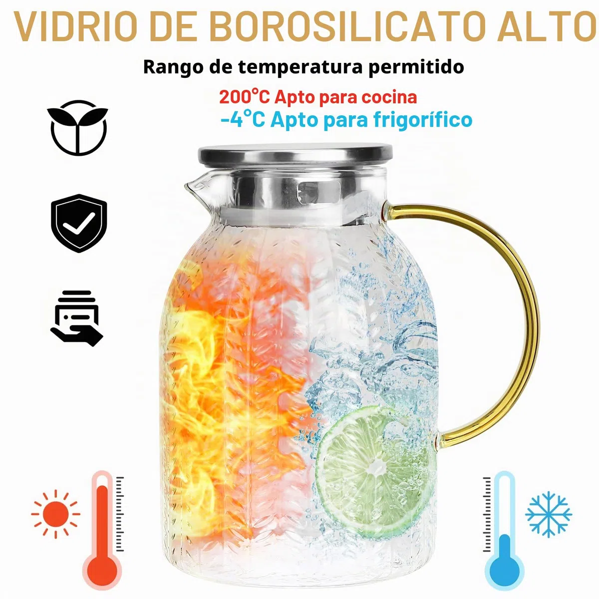 Jarras Agua Cristal 2L, Jarra de Vidrio con Tapa de Acero Inoxidable, Jarras de Cristal de Borosilicato, Botellas de Vidrio para Jugo Café, Leche, Bebidas Frías o Calientes