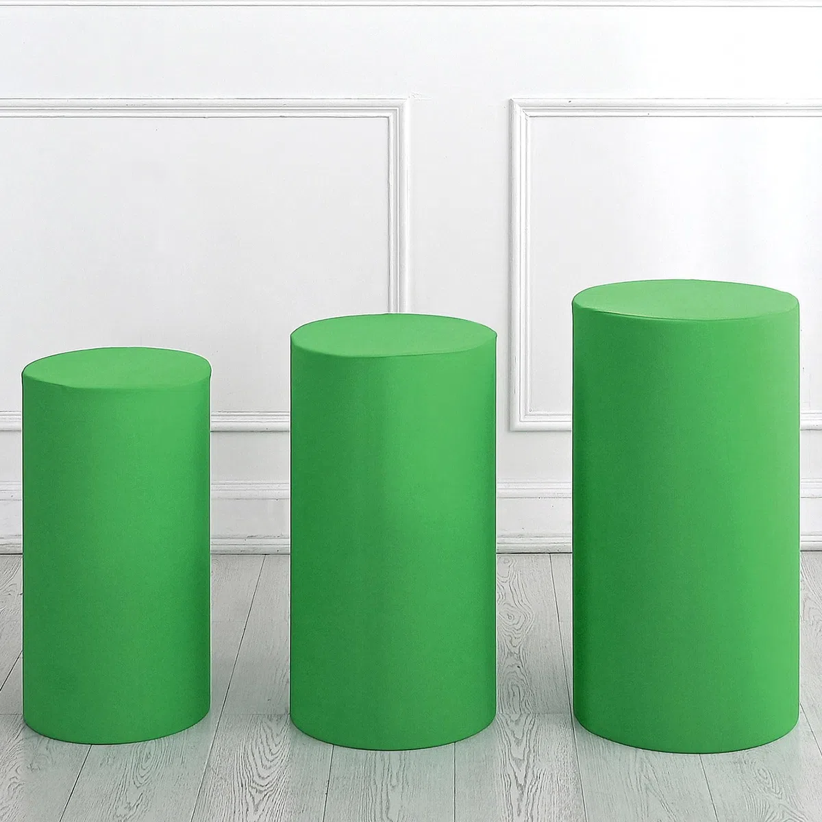 QUARKZMAN Juego De 3 Fundas De Pedestal Cilíndrico Verde De Spandex, Funda De Pedestal Para Decoración De Fiestas, Solo Contiene Fundas Cilíndricas (Tela Elástica - Pequeña)