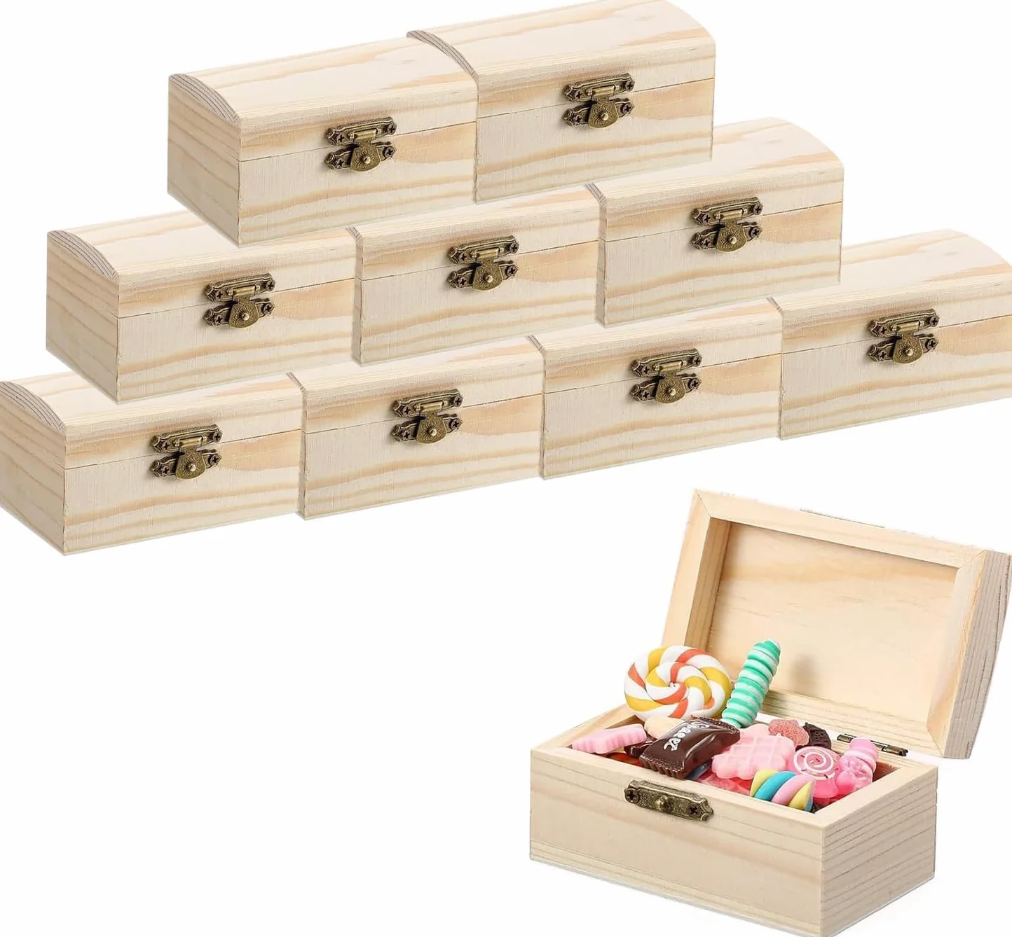 Caja de madera pequeña, cofre del tesoro de madera, mini cofre del tesoro, cofre rectangular, kit de manualidades, adecuado para decorar y guardar, 10 piezas