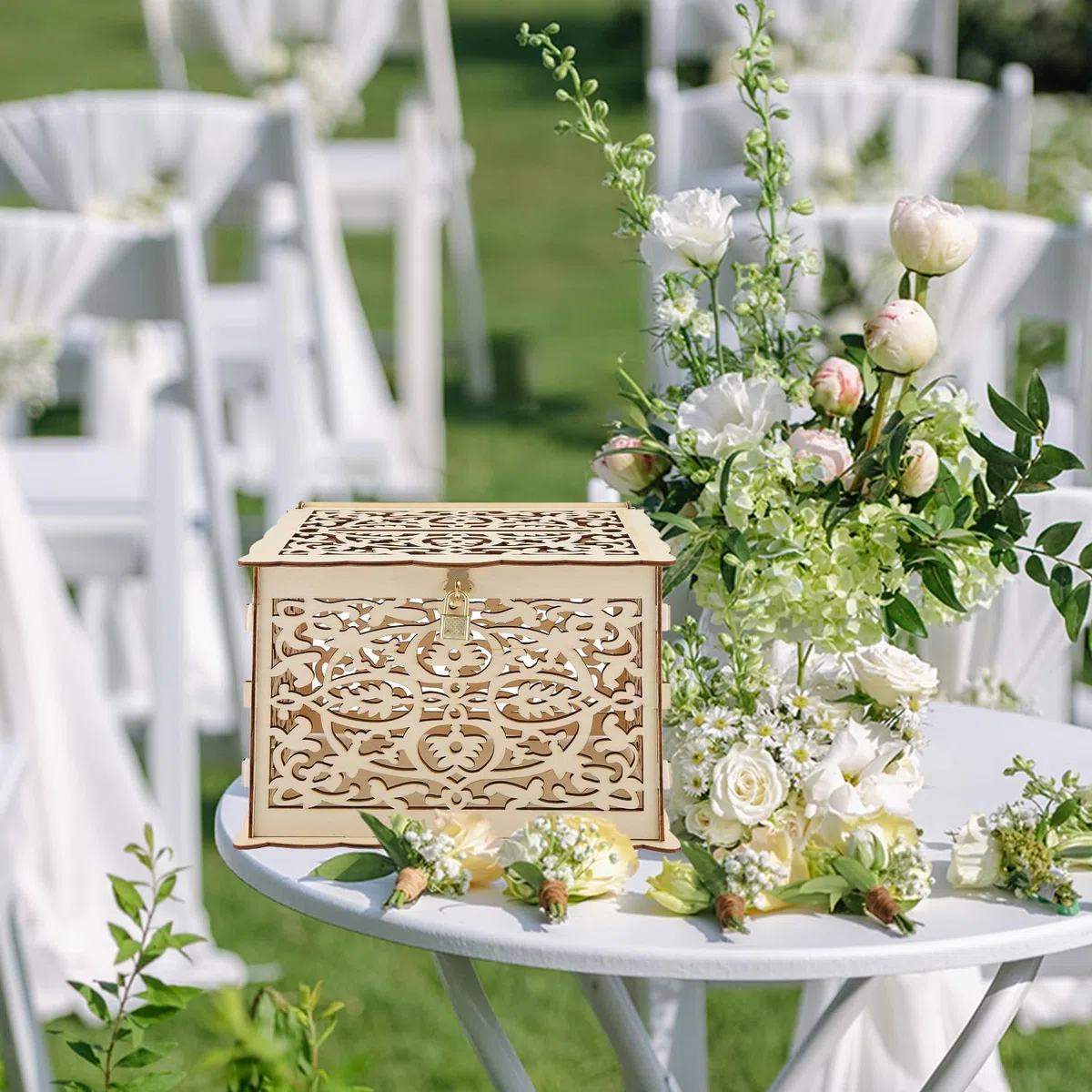 Caja de Tarjeta de Boda, Caja de Sobre Boda Hueca Bricolaje con Ranura y Cerradura, Caja de Tarjeta de Regalo de Madera, para Recepción Aniversario de Boda Baby Shower Cumpleaños Decoraciones