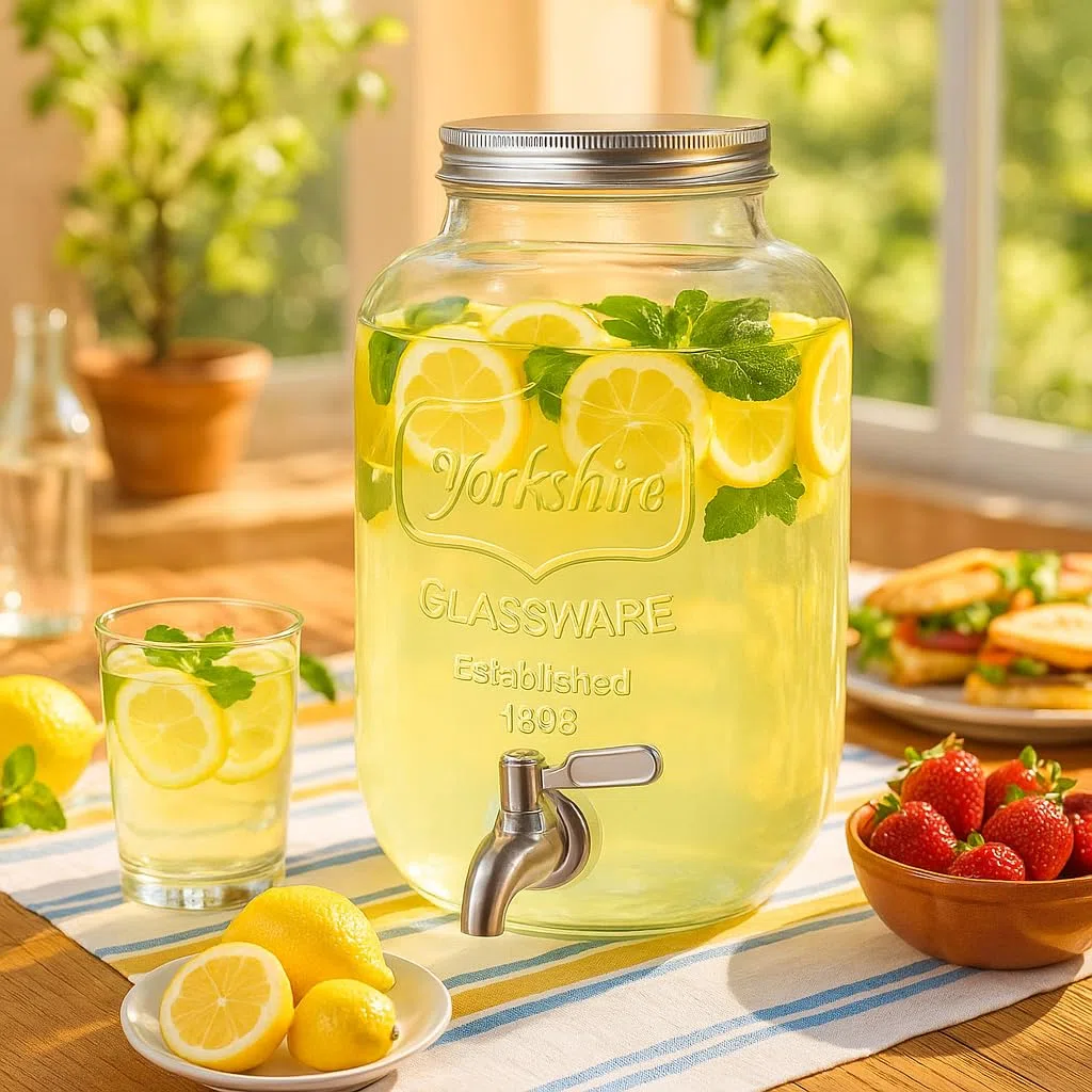 Dispensador de Bebidas de Vidrio 5L con Grifo, Refrigerador Hermético, Ideal para Jugo, Cócteles, BBQ, Fiestas, Piscinas y Eventos al Aire Libre