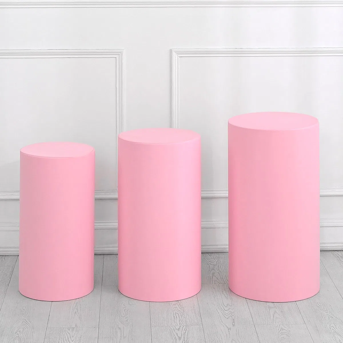 QUARKZMAN Juego De 3 Fundas De Cilindro De Spandex Rosa Claro, Funda De Pedestal Para Decoración De Fiesta Boda Cumpleaños, Solo Contiene Fundas De Cilindro (Tela Elástica - Pequeño)