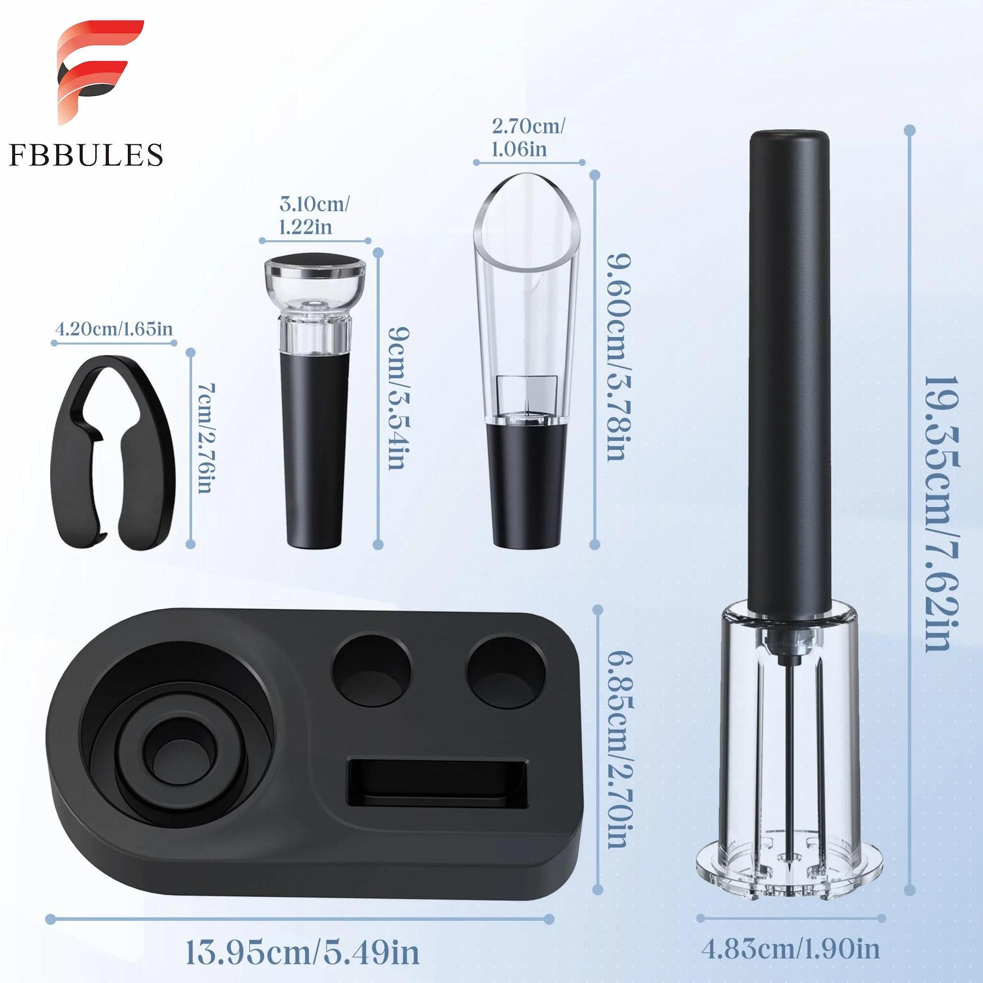 Set de Sacacorchos de Aire a Presión, Incluye Corta Cápsulas, Bomba Vacio Tapon, Vertedor y Base, Abridor de Vino Profesional Funcional, Regalo Ideal para los Amantes del Vino Navidad