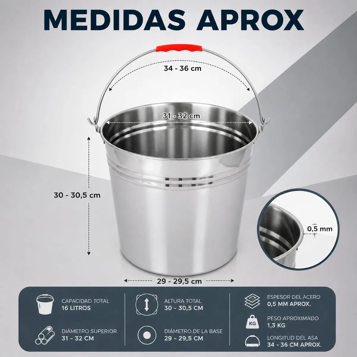 CABLEPELADO - Cubo de Acero Galvanizado con Asa Reforzada | Capacidad de 16 litros | Cubo de Metal Multiusos para Jardín, Hogar y Obra | Resistente a la Corrosión y a la Intemperie | Plata
