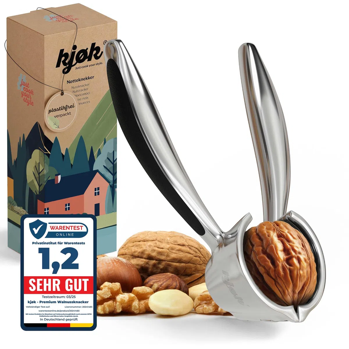 kjøk Cascanueces de metal resistente – abre nueces y avellanas, 350g pesado, Nutcracker aleación de zinc cromado, rompe nueces duras, diseño robusto y duradero