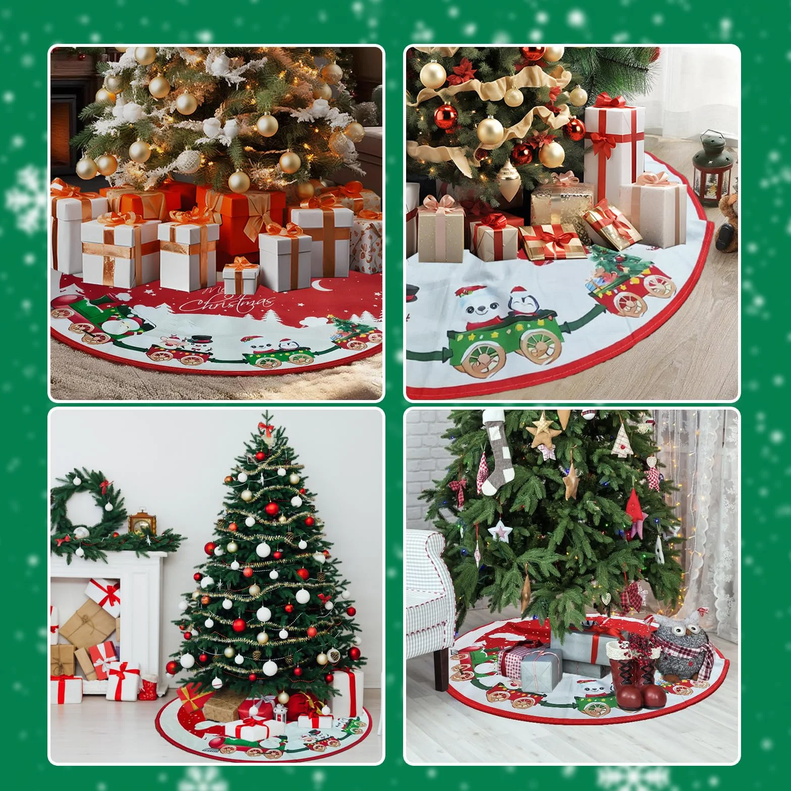 Falda de Árbol de Navidad, Alfombra de Árbol de Navidad, con Motivos de Muñecos de Nieve, Copos de Nieve y Trenes, para la Decoración Navideña del Hogar, Rojo